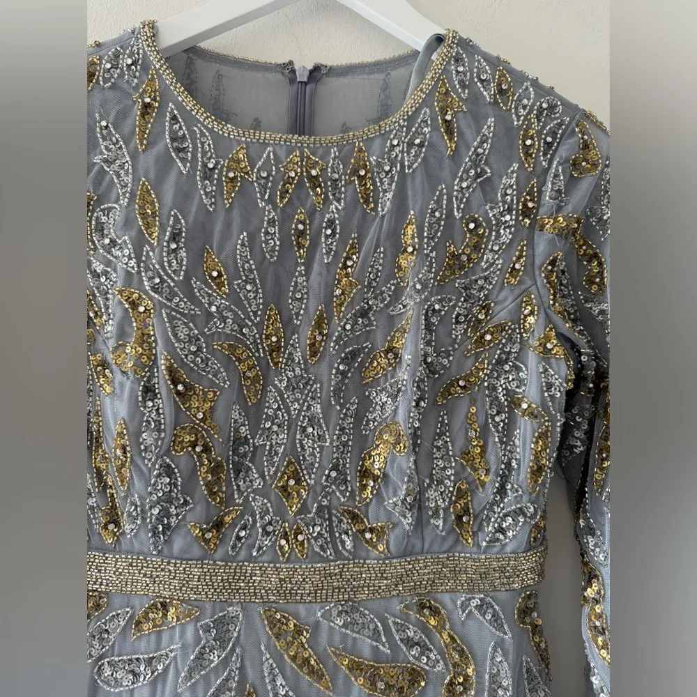 MAC DUGGAL Gray Beaded Long Sleeve Evening Gown in Platinum Gold 8 - Image 9