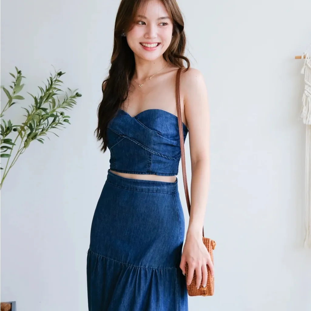 Smocked Denim Western Sweetheart Neckline 100% Cotton Tube top Size Medium - Image 7