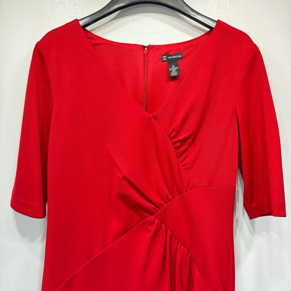 Red Dress by New Directions Half Sleeve Patchwork Pleated Front Form Fitting Size 10 - Image 4