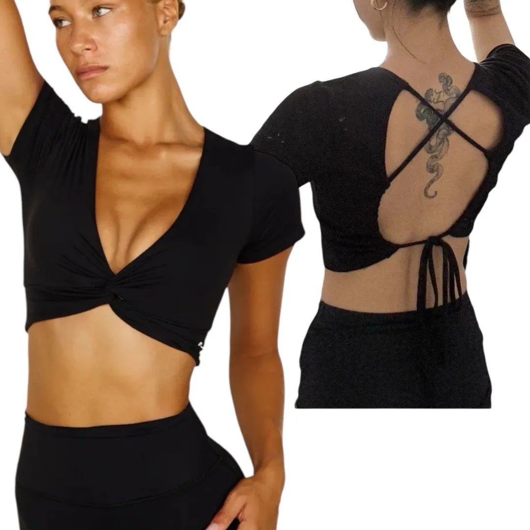 Women’s Black Rib Knit Twist Front Short Sleeve Crop Open Back Self Tie Top Med - Image 2