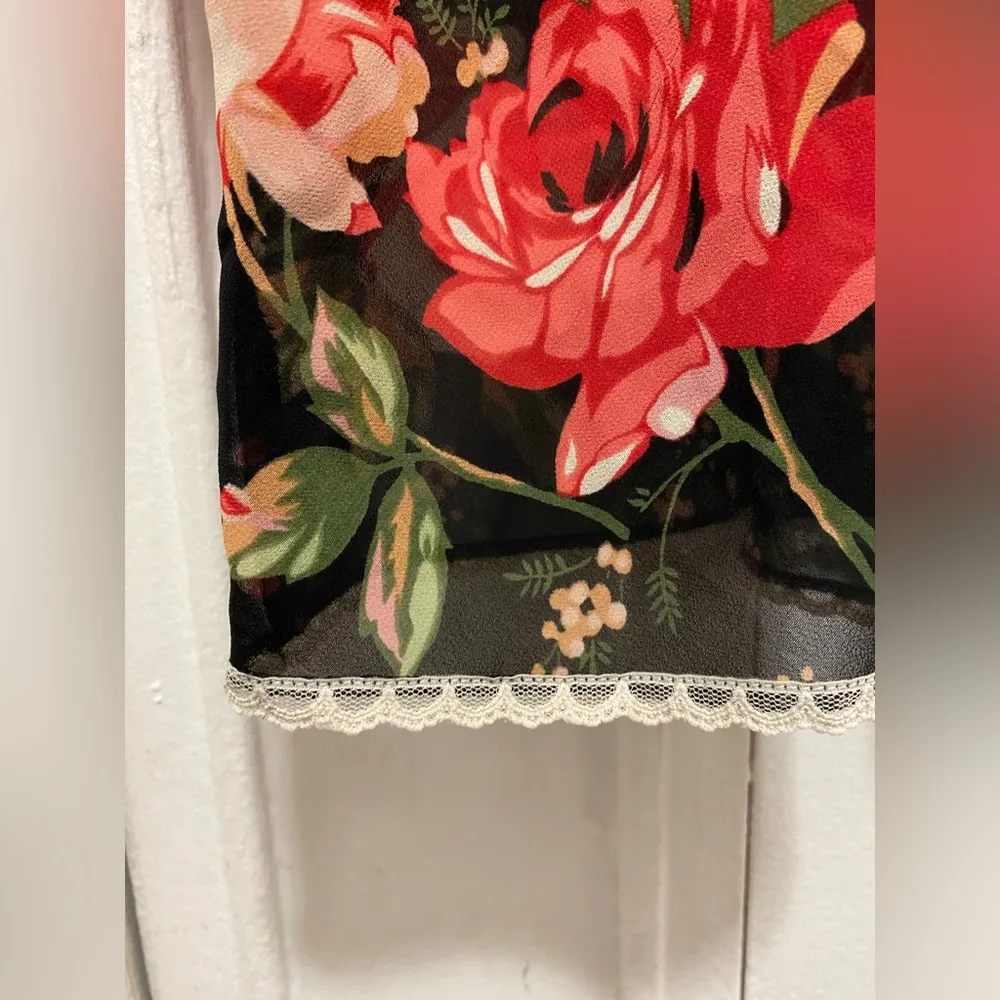 Vintage Rose Floral Printed Lace Trimmed Detailed Top Cami Slip Small Red - Image 3