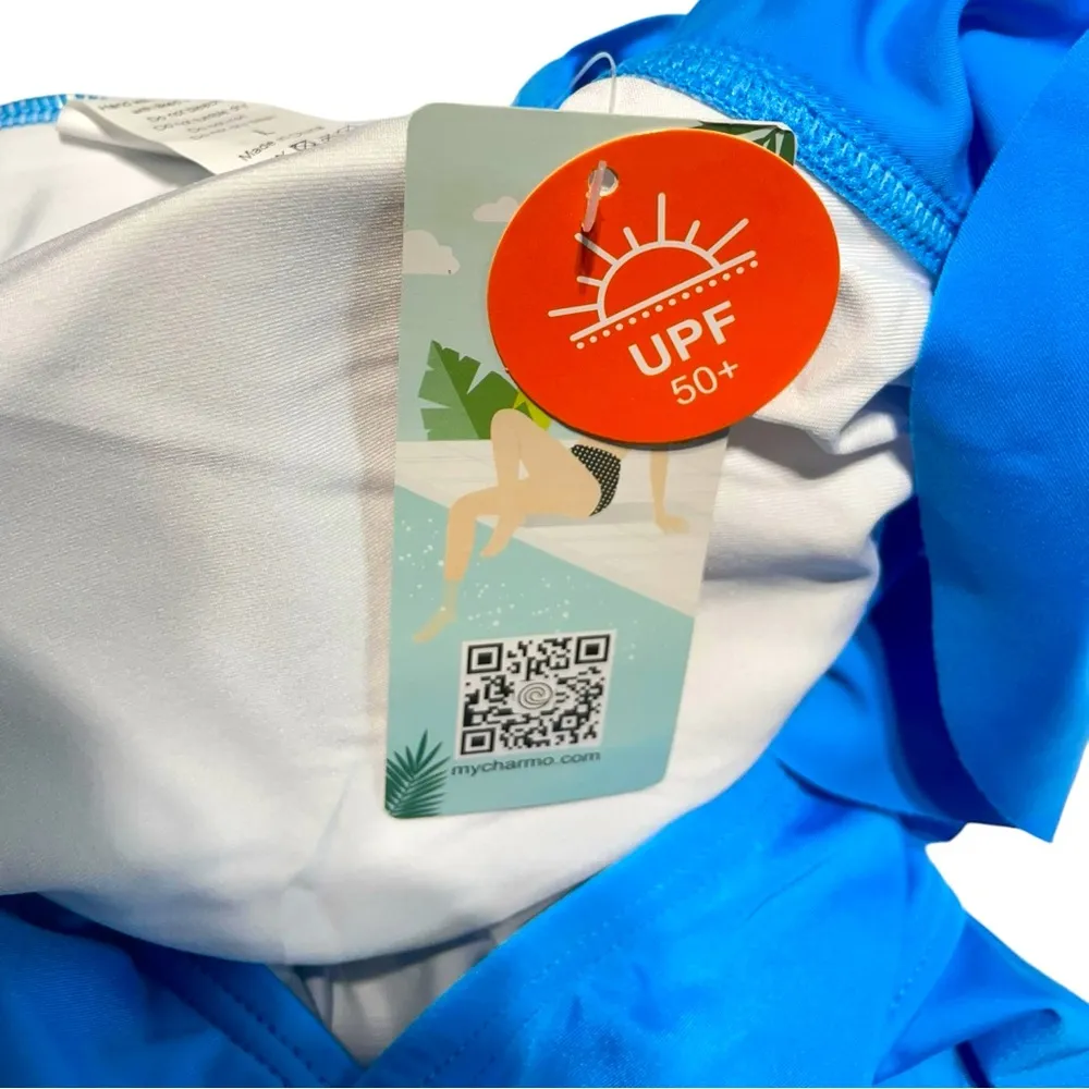 Charmo Ruffled One Piece High Cut Bathing Suits Backless Monokini Swimwear Blue Size L - Image 8