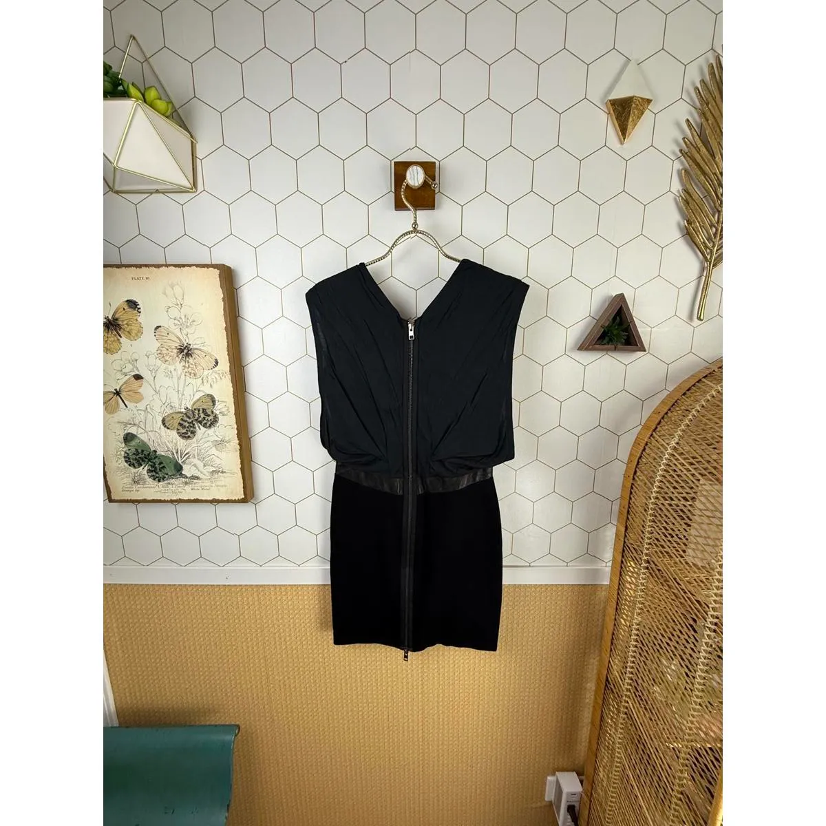 AllSaints Black Lamb Leather Accent Mini Dress with Lace and Zip Back - Size - 4 - Image 3