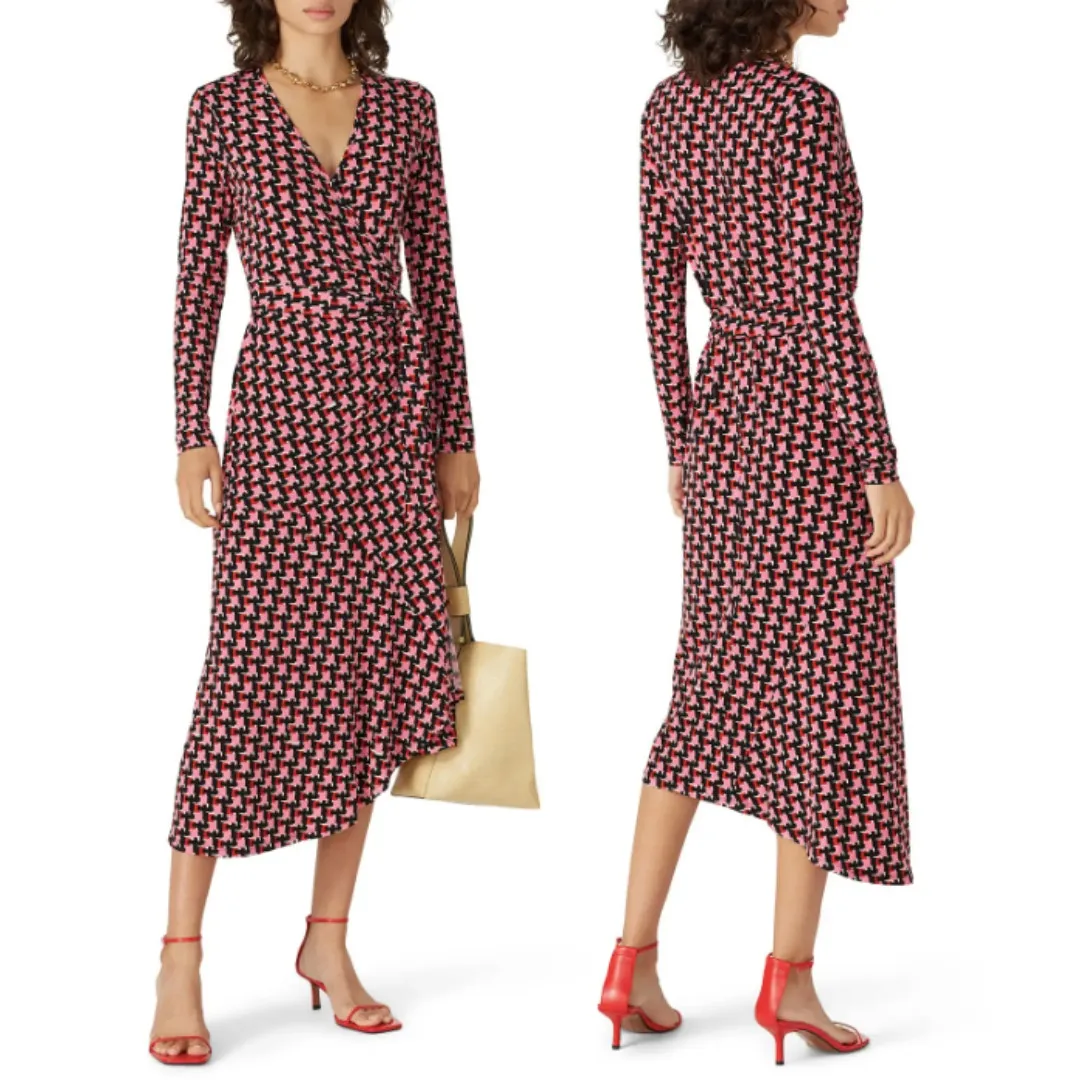 Yumi Kim Sabine Jersey Asymmetrical Wrap Dress Red Pink Black Geometric Print XS - Image 2