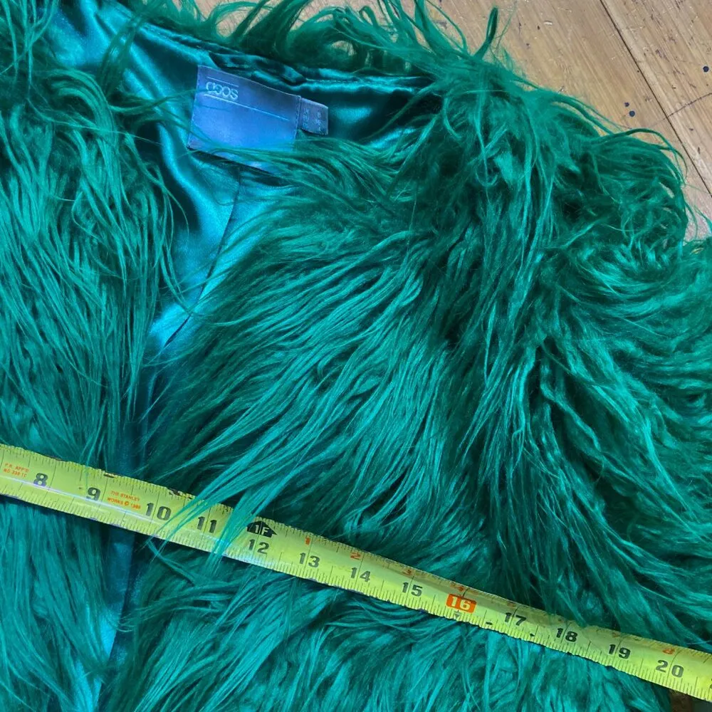 ASOS faux Mongolian lamb fur shaggy midi coat festival rave teal blue green S - Image 5