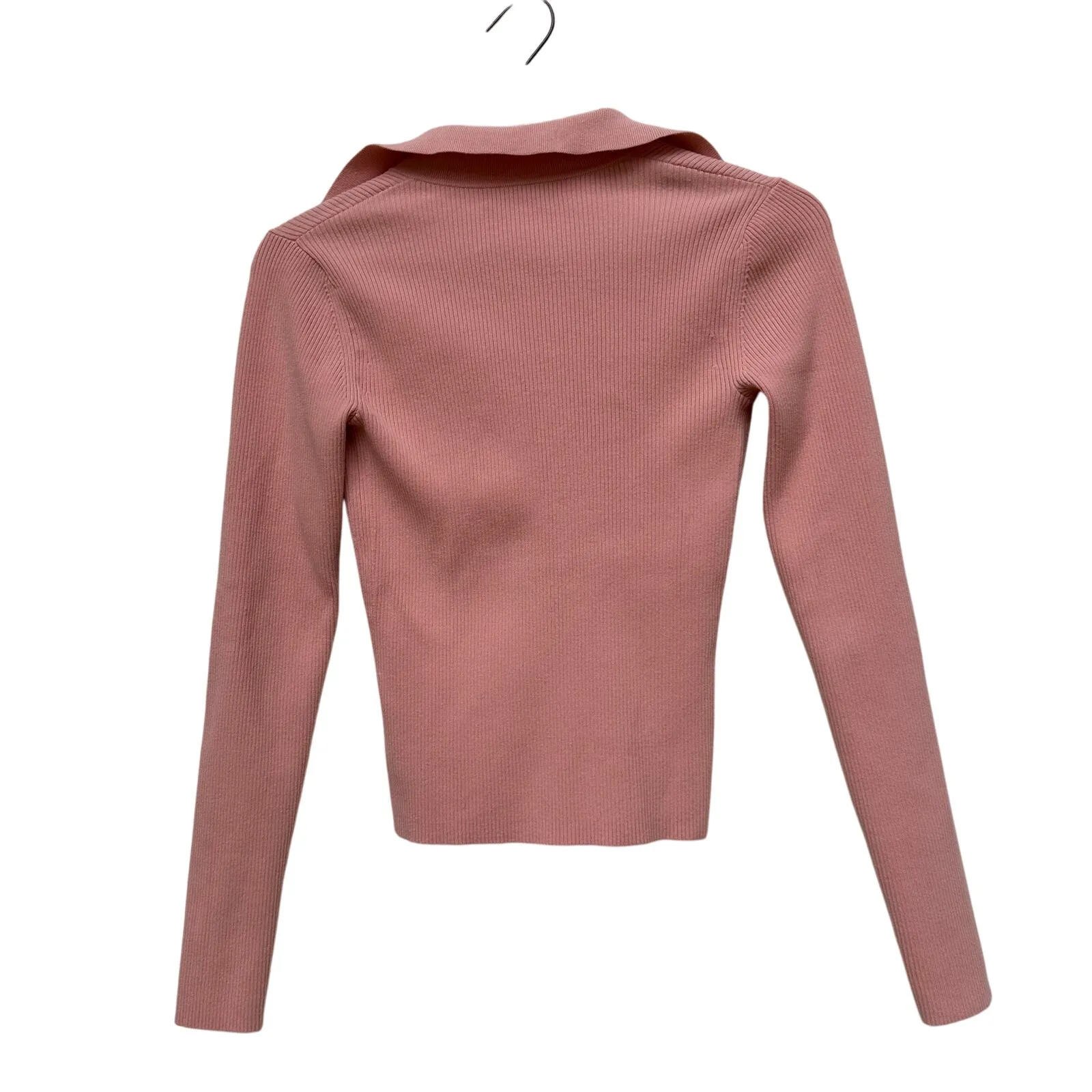 Intermix Pink Ribbed Knit Collared V-Neck Long Sleeve Top Size P (Small) - Image 3