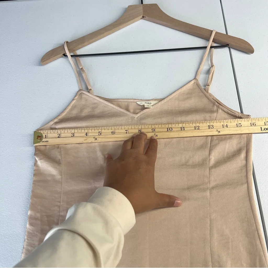 Nap Loungewear Elegant Matte‎ Satin Nude Spaghetti Strap Midi Slit Dress Size M Tan Size M - Image 16