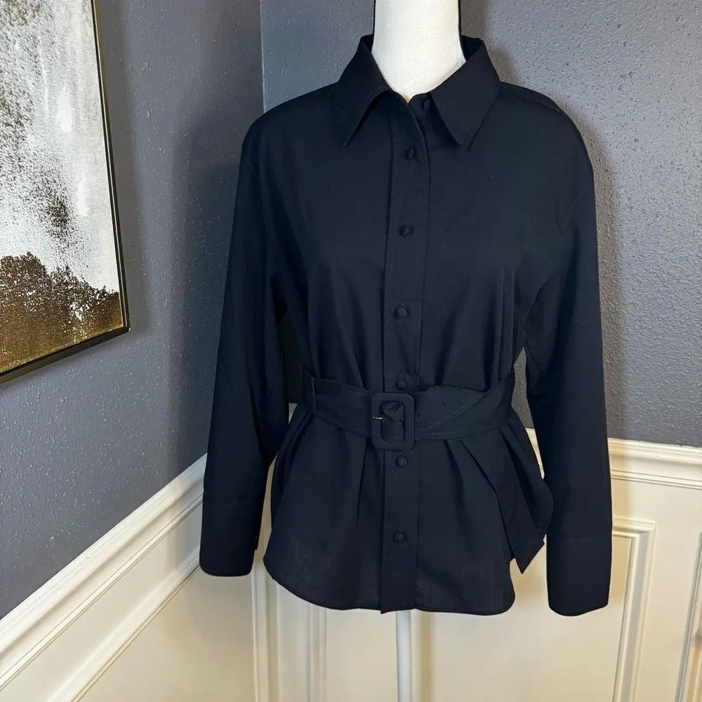 Zara Navy Blue Buckle Belt Button Down Shirt Blouse - Image 5