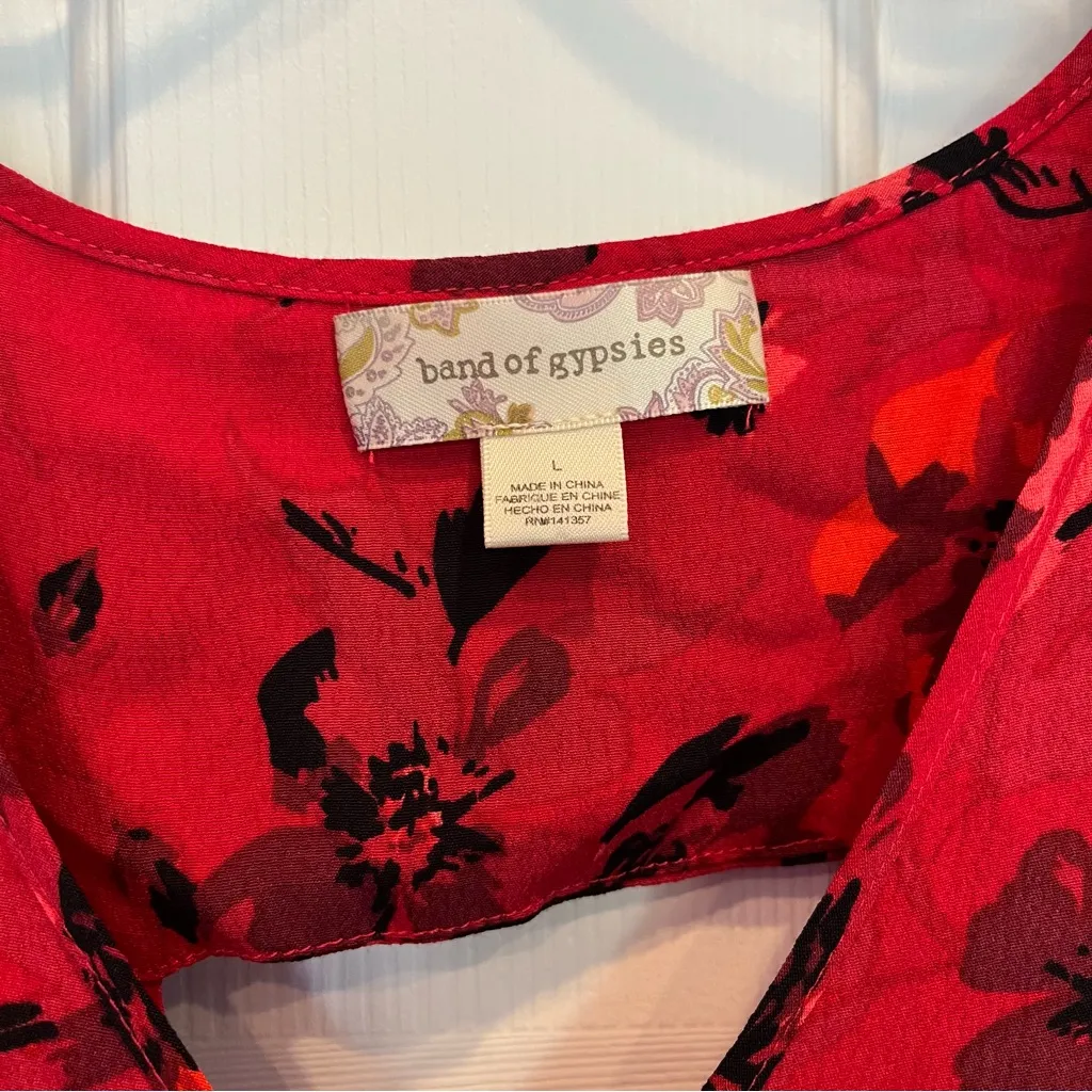 Band Of Gypsies Wrap Floral Dress Red Large Ruffle Peasant Long Sleeve Western - Image 4