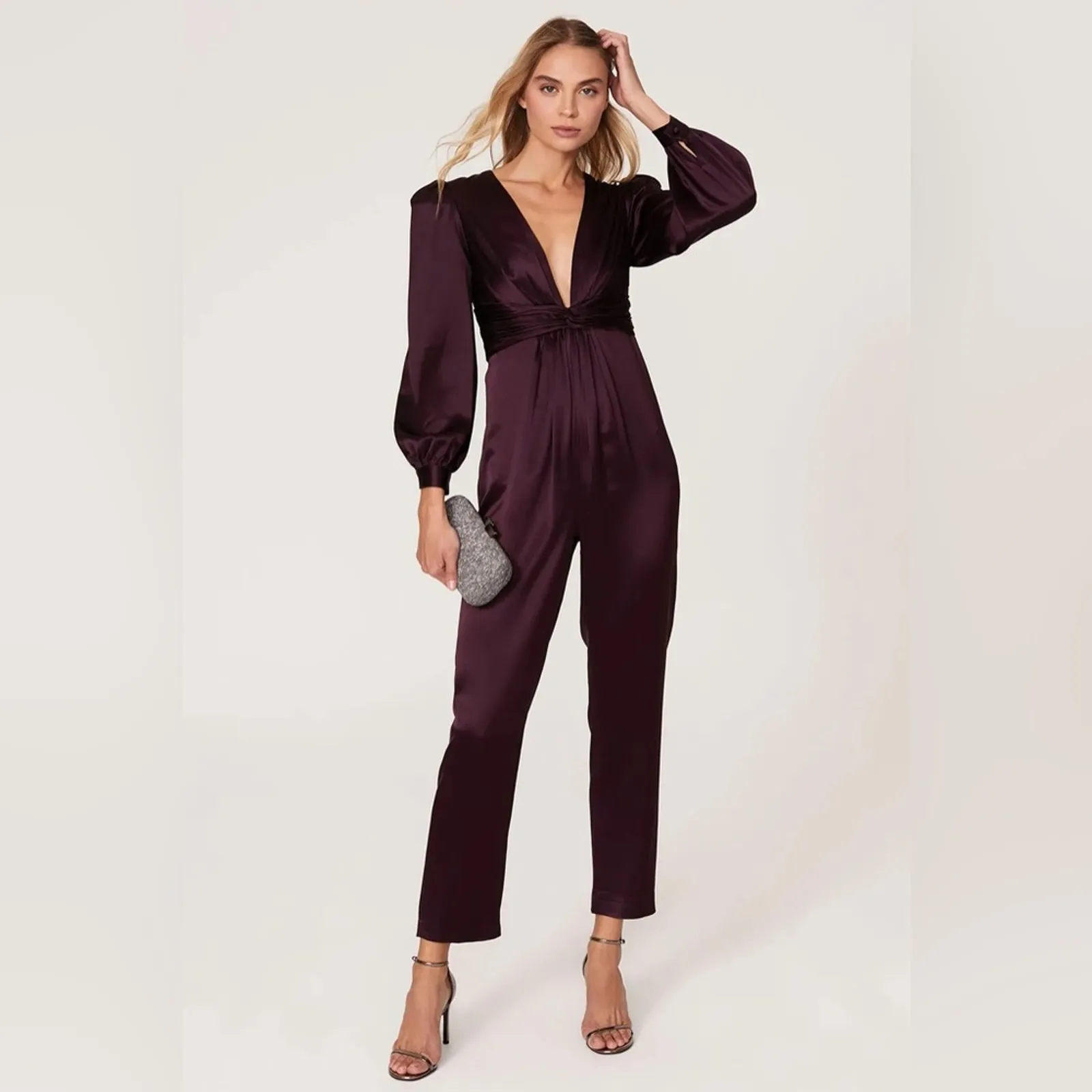 IEENA by Mac Duggal dark purple plum satin plunge neckline jumpsuit 4 - Image 12