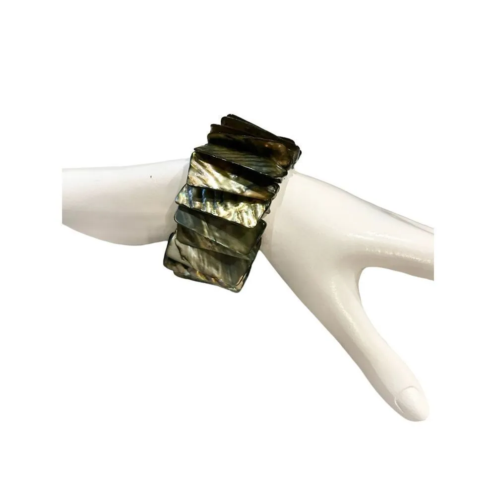 Shell Bracelet Large Wide Stretch Beaded Browns n cremes Shiny Tan - Image 6