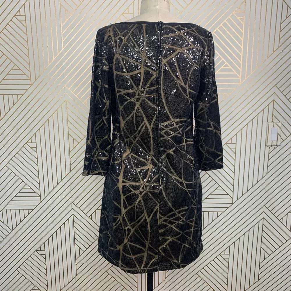 Tadashi Shoji Black Nude Sequin 3/4 Sleeve Mini Dress Size‎ US 6 - Image 8
