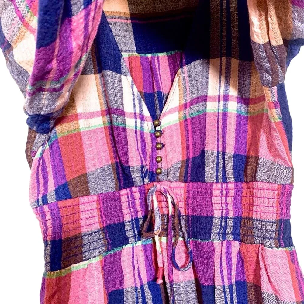 Pilcro Anthropologie Plaid Peplum Smocked Waist Long Sleeve Top Pink Navy Small - Image 8