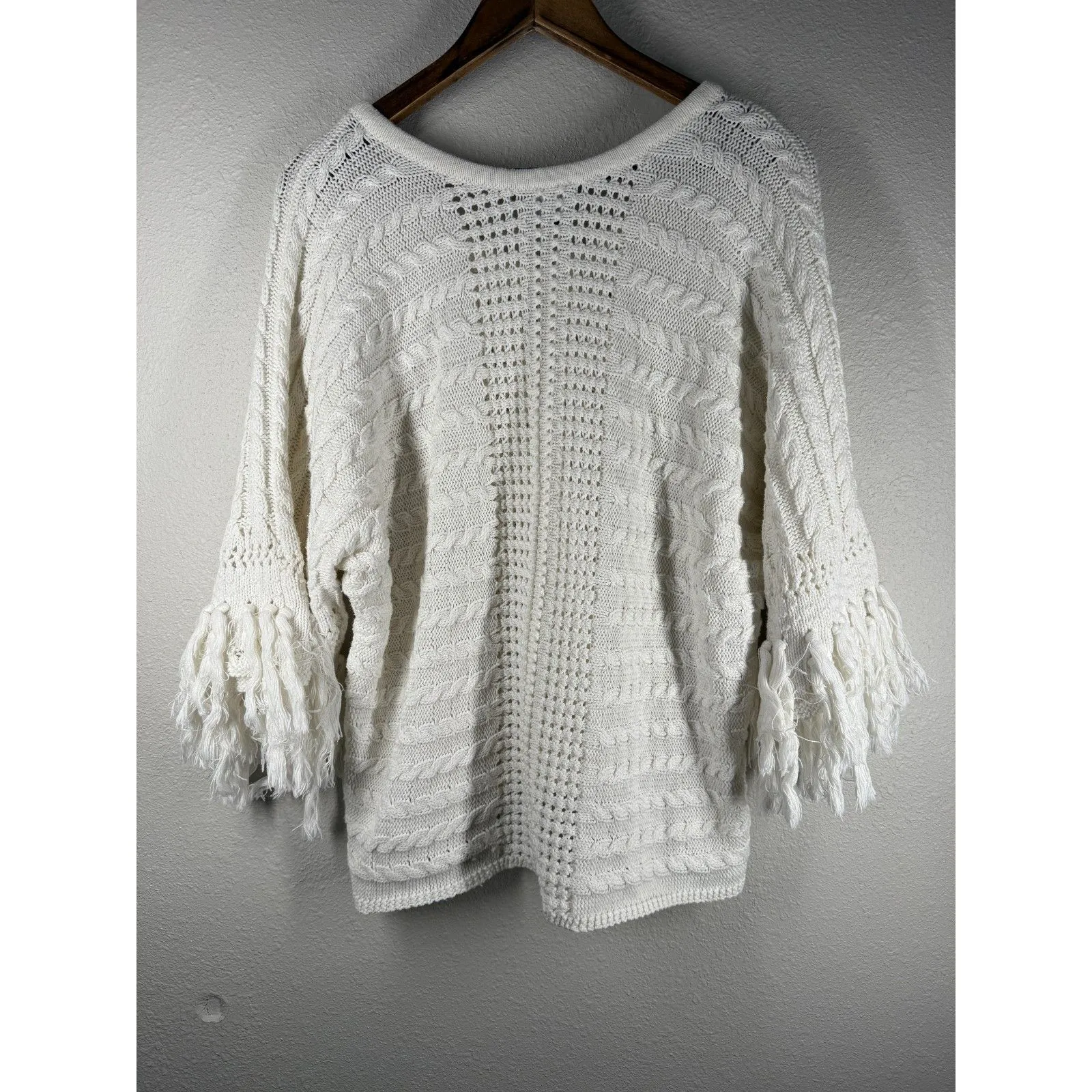 Cabi White Open Knit Fiesta Sweater Sz S Western Cowgirl Boho Fringe Cable Rodeo - Image 6