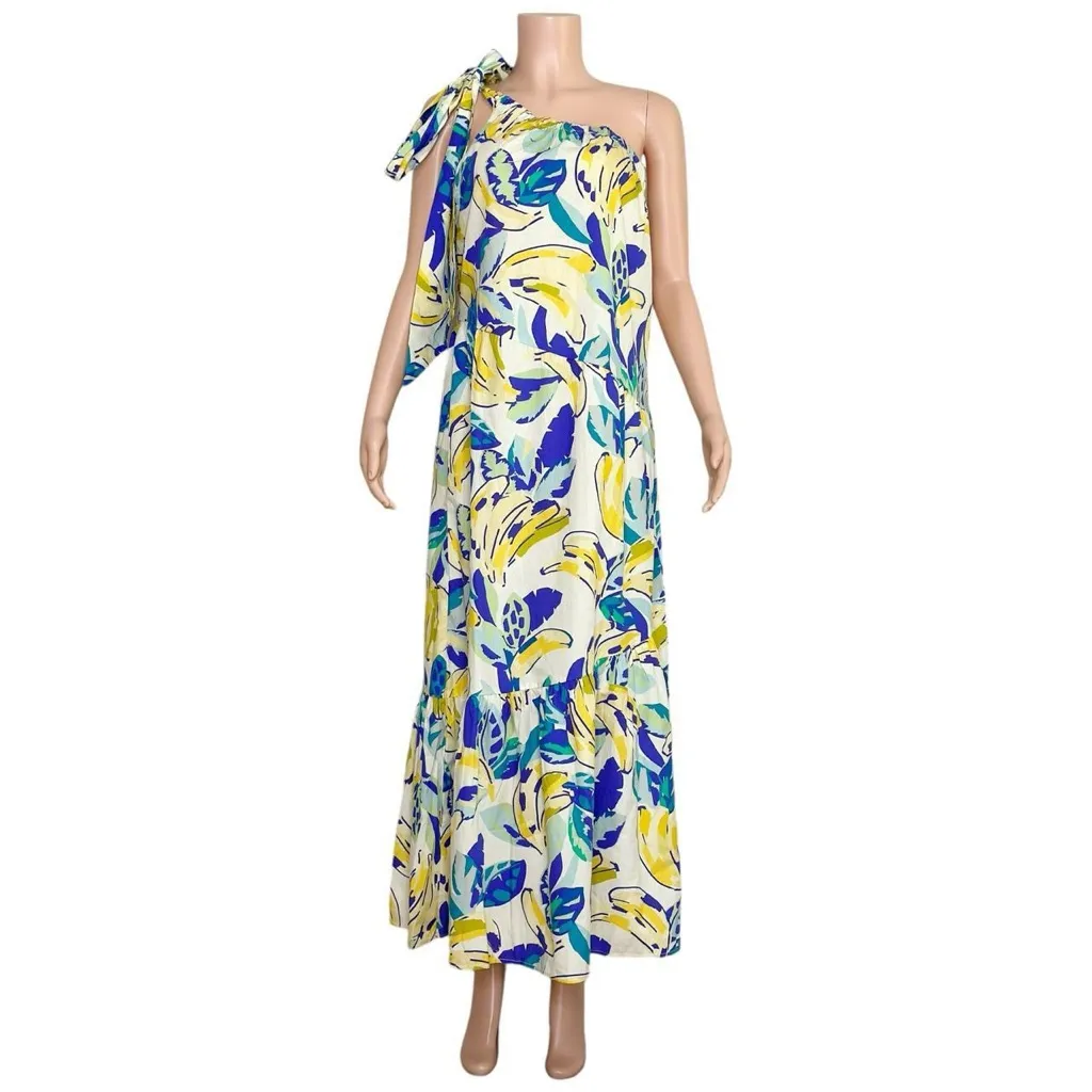 ANTHROPOLOGIE One Shoulder Bow Banana Print Maxi Dress, Yellow, Small - Image 5