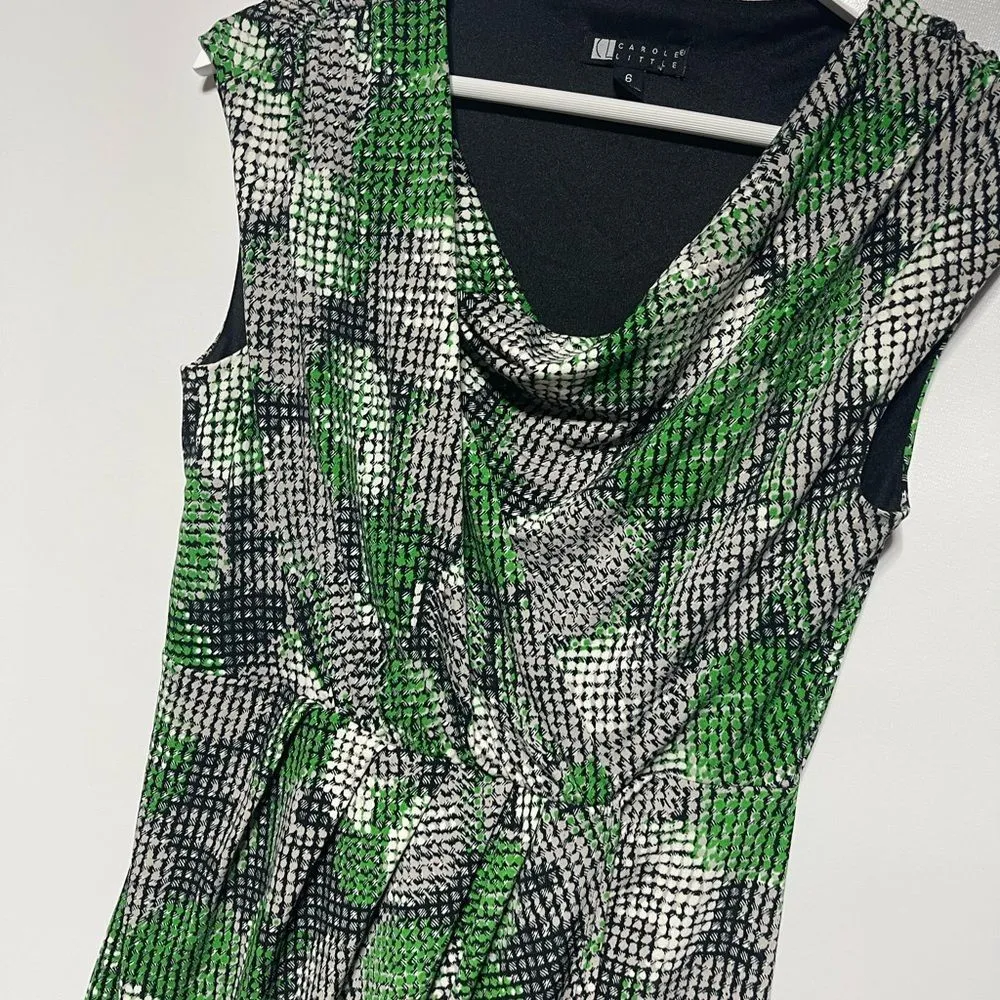 Flattering Geometric Faux Wrap Dress Sleeveless Black Green White Stretchy Sz 6 - Image 12