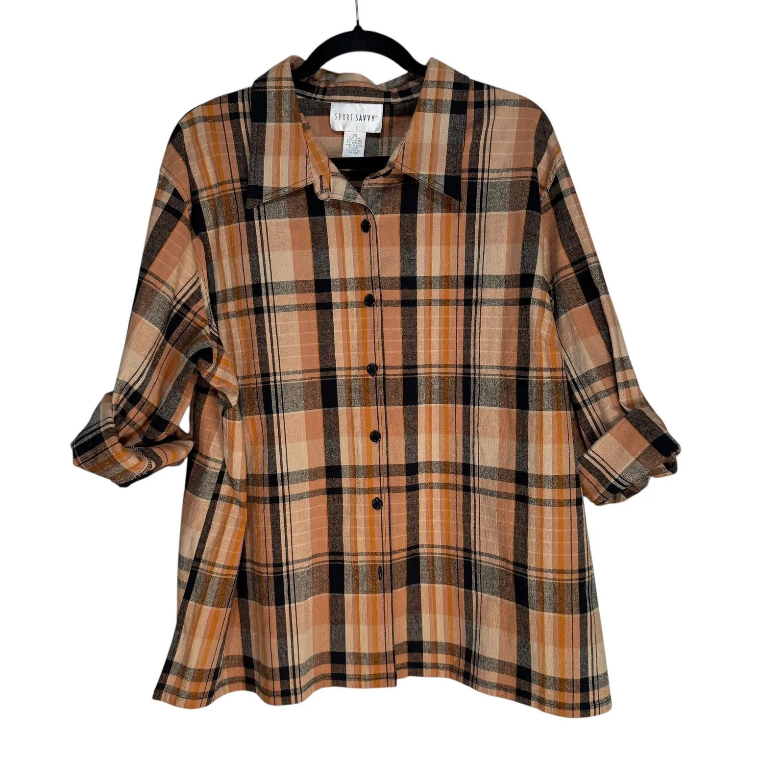 SPORT SAVVY Womens 2X Plaid Button Up Shirt Silk Cotton Blend Orange Black - Image 7