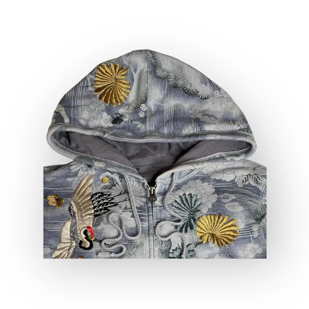 Rare: Y2K Lucky ⚘ Embroidered Asian Crane Zip Hoodie Sweatshirt ⚘ Cloud Blue ⚘ S - Image 5