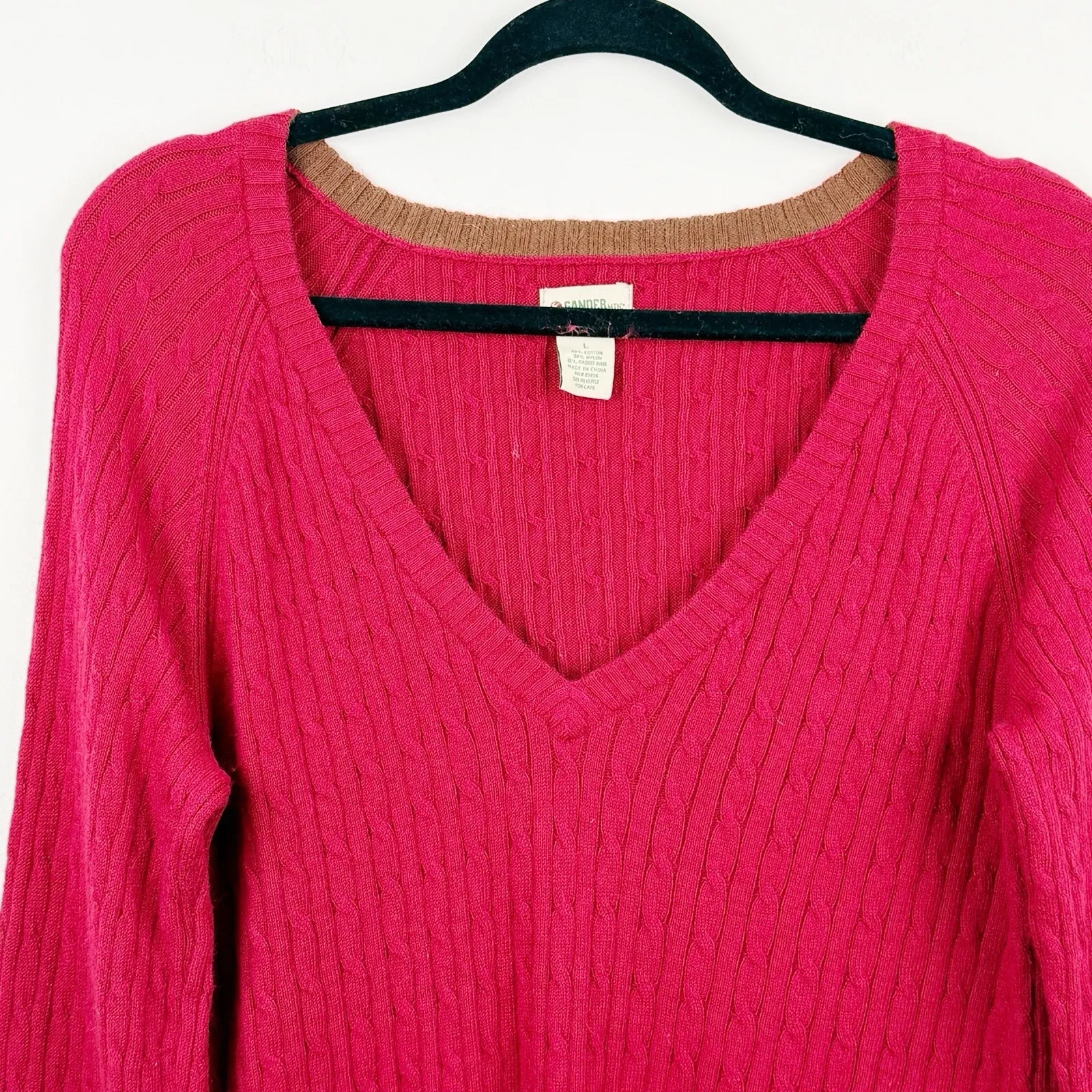 Gander Mountain Women's L Red Cable Knit V-Neck Sweater Rabbit Hair Blend - Image 2
