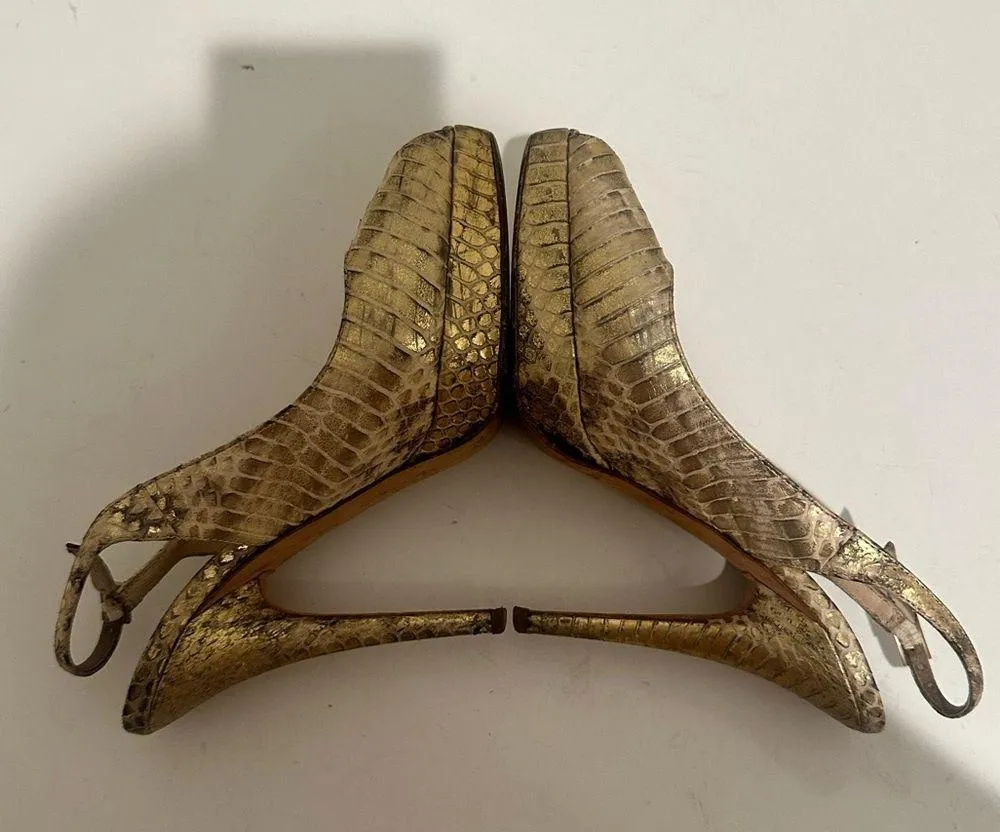 Jimmy Choo Nova Gold Snakeskin Leather Peep Toe Platform Slingback Pumps Size 36 - Image 3