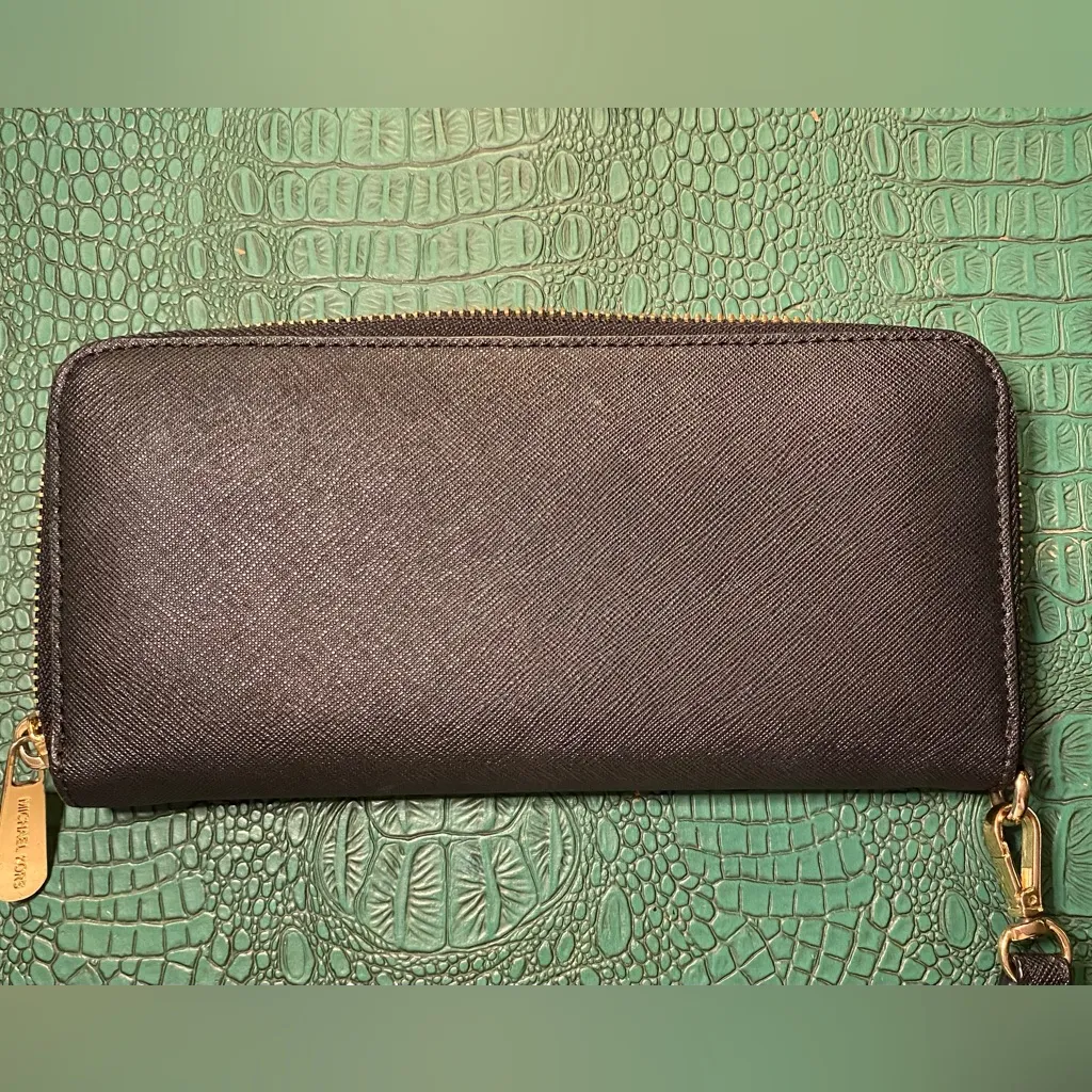 Hand Painted Lioness Black MK Saffiano Leather Wallet w Wristlet Strap - Image 4