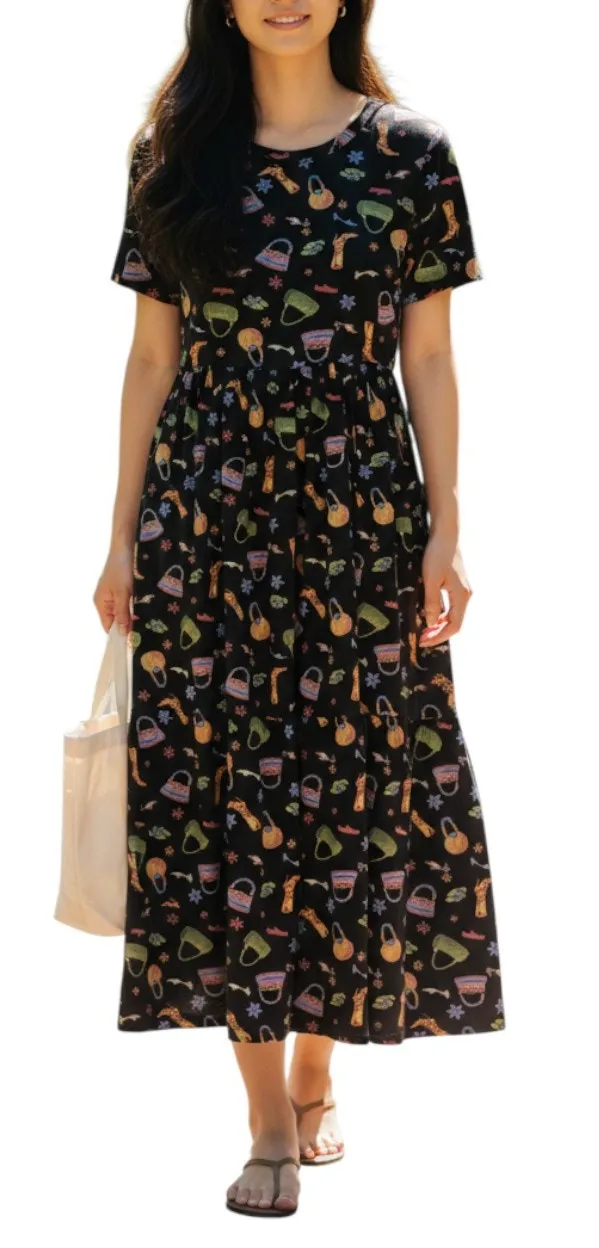 Vintage Y2K Coldwater Creek Black A-Line Dress Whimsical Print Sz Small Rayon - Image 1