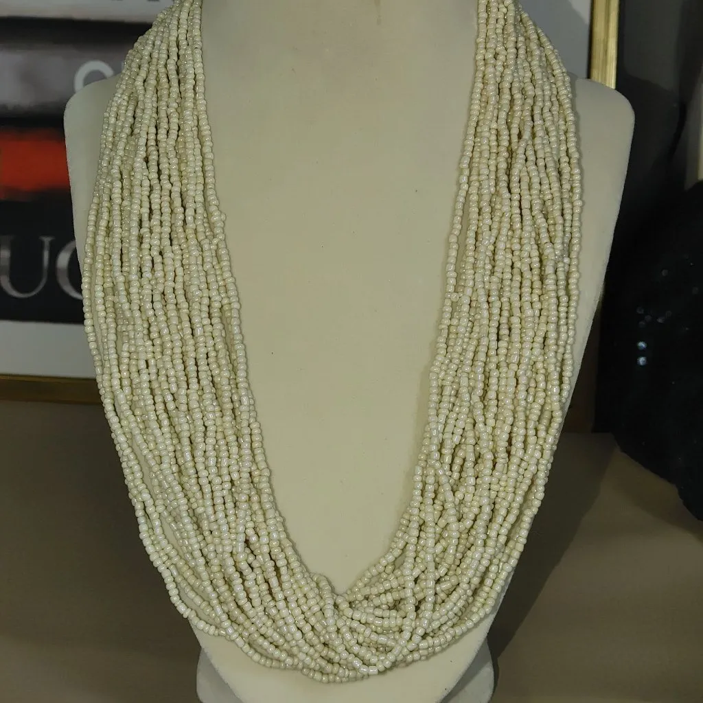 Ivory Beaded Necklace Vintage 27 Strand Handmade Crochet Closure Boho Statement - Image 7