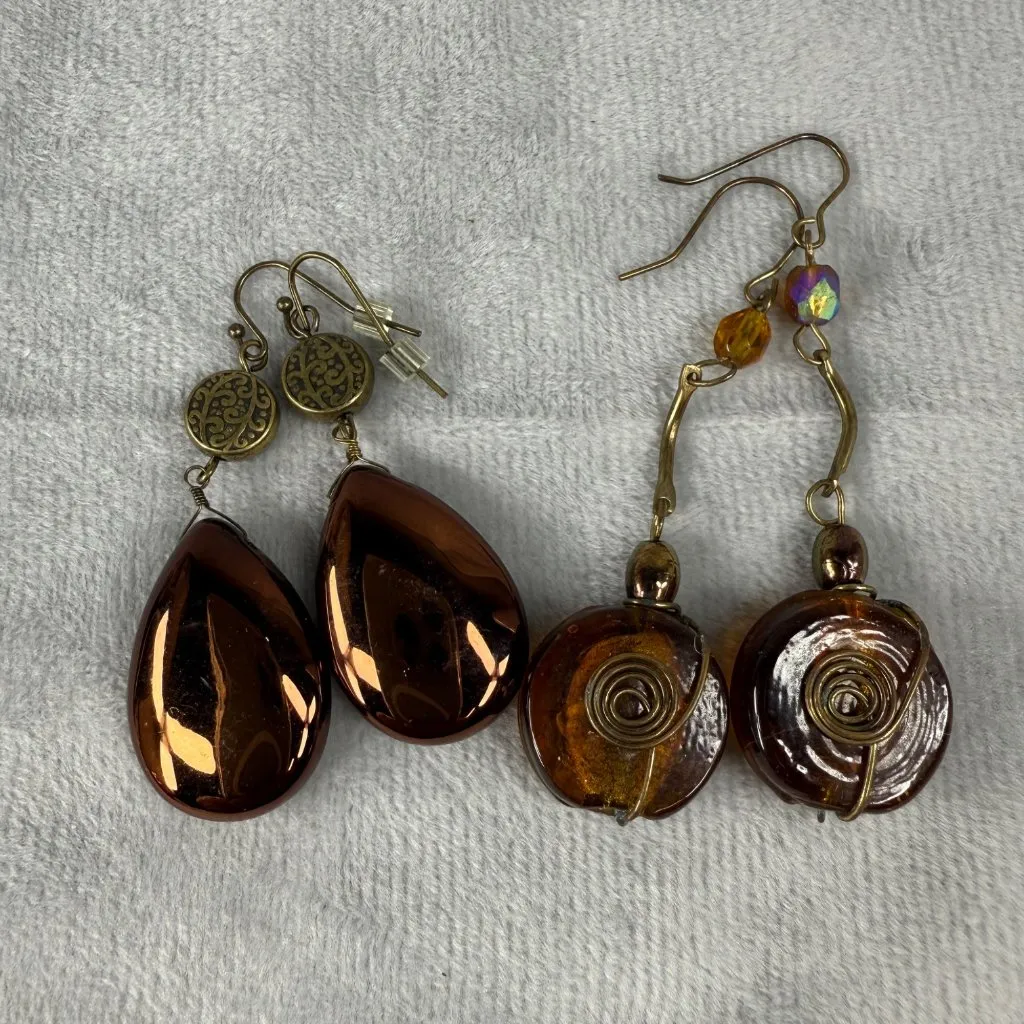 Vintage Boho Copper Amber Glass Teardrop Pierced Spiral Earrings Set Fall Colors Brown - Image 11