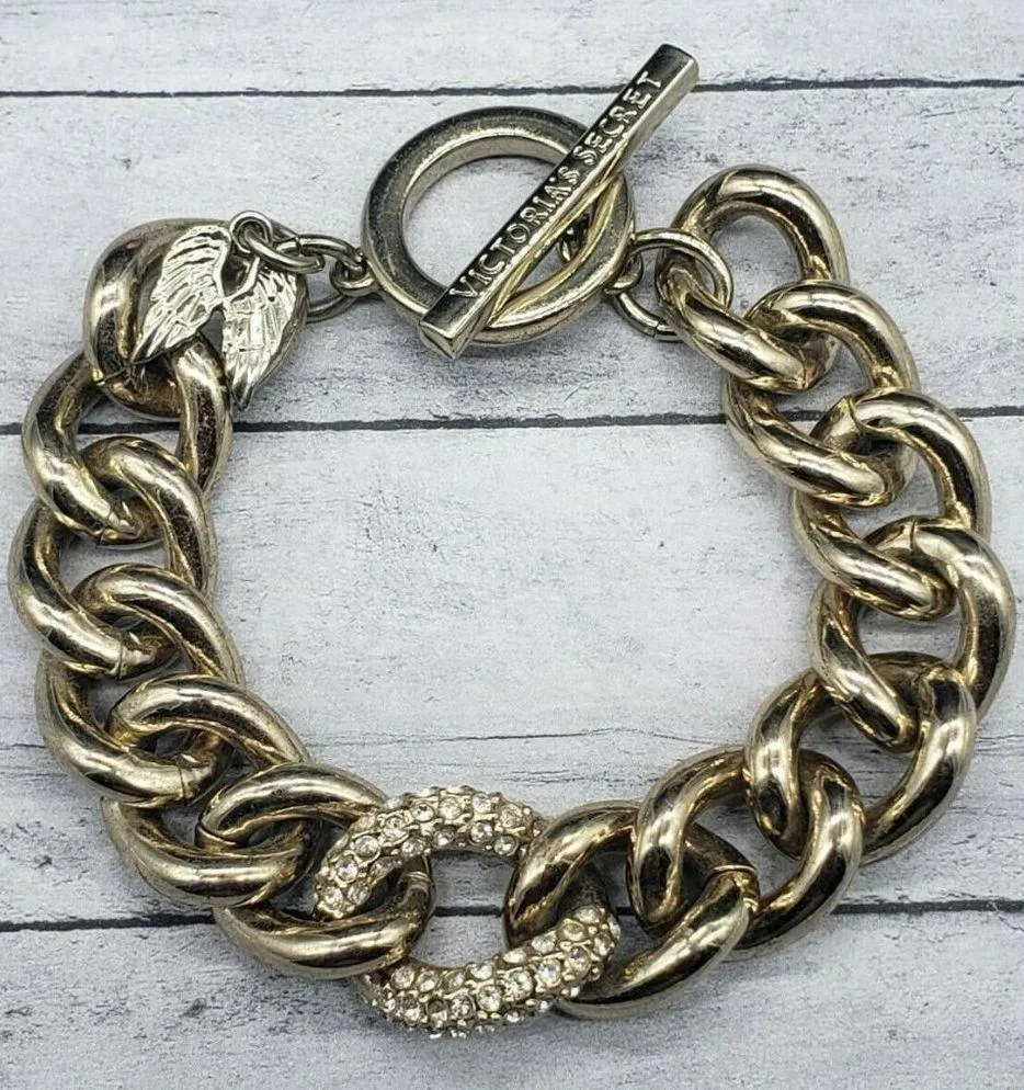 Victoria's Secret Gold Tone Chain Link Bracelet Rhinestones Toggle Clasp 8 in. - Image 4
