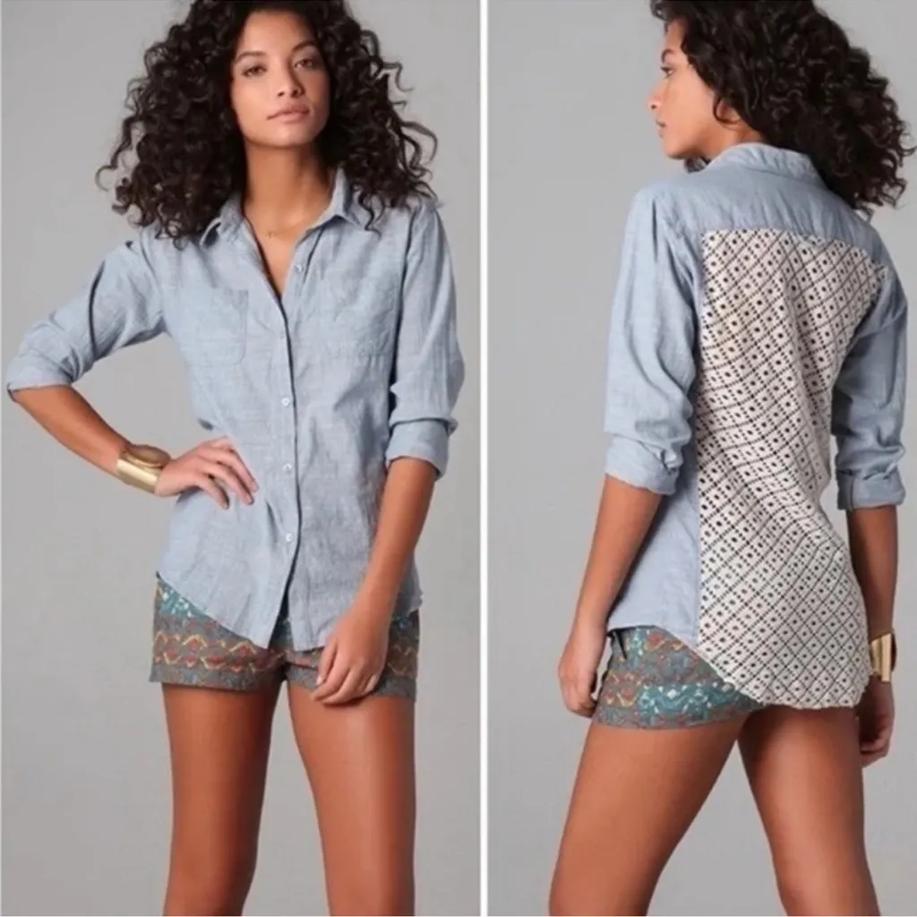 Free People Chambray & Lace Slubby Road Trip Button Down Shirt size XS - Image 2