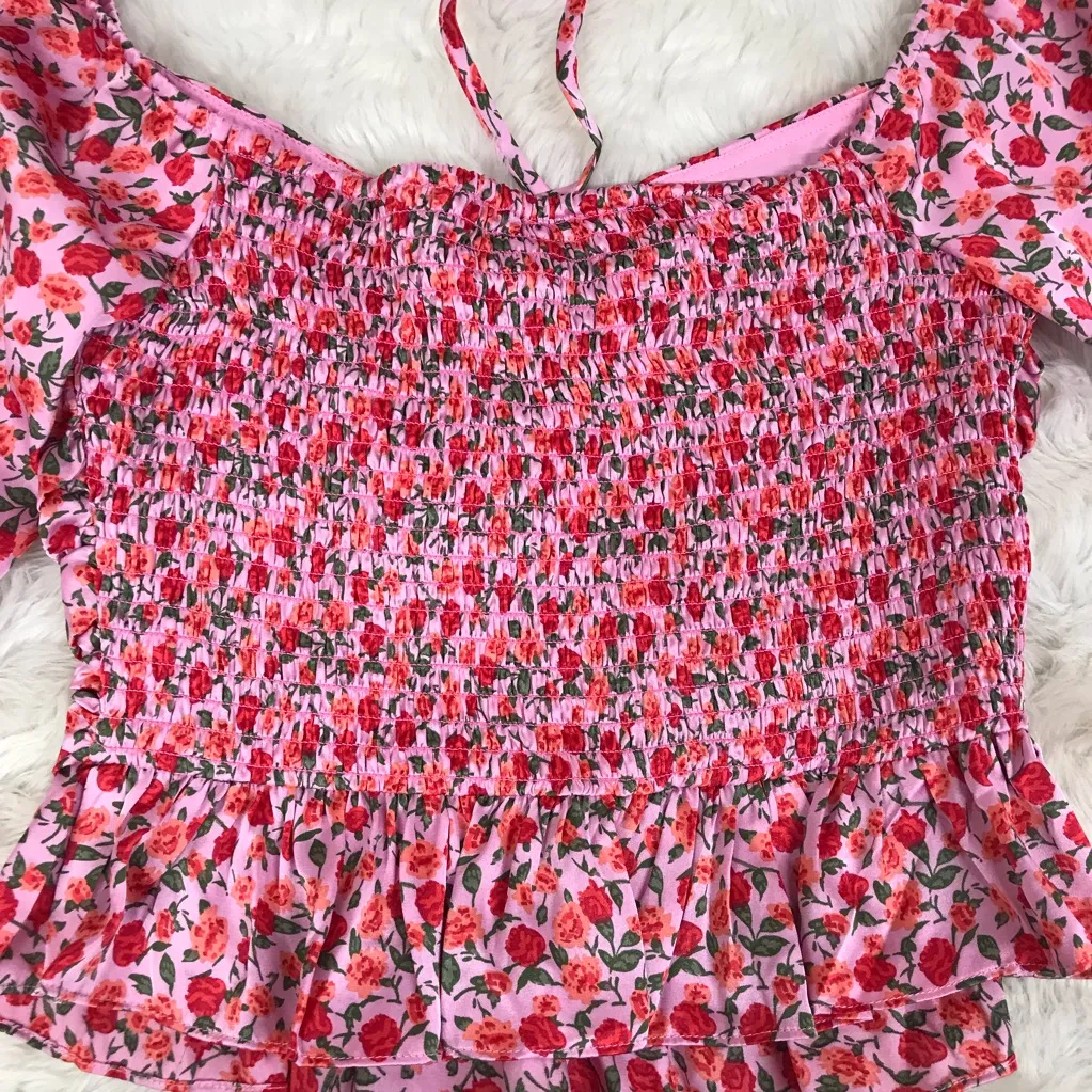 WAYF Pink Rose Floral Sweetheart Ruched Peplum Top‎ Cottagecore Coquette Large - Image 7