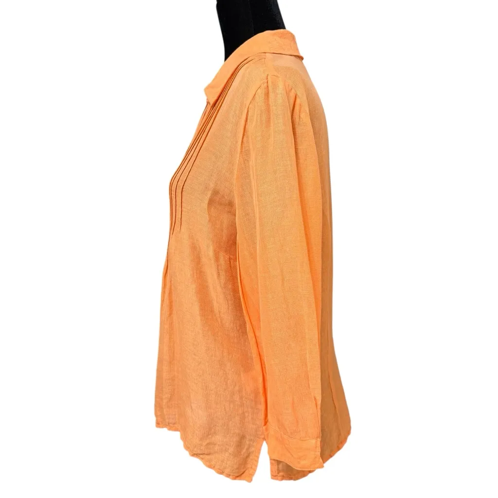 Coldwater Creek Orange Linen Silk Blouse Large Sheer Pintuck Button 3/4 Sleeve - Image 5