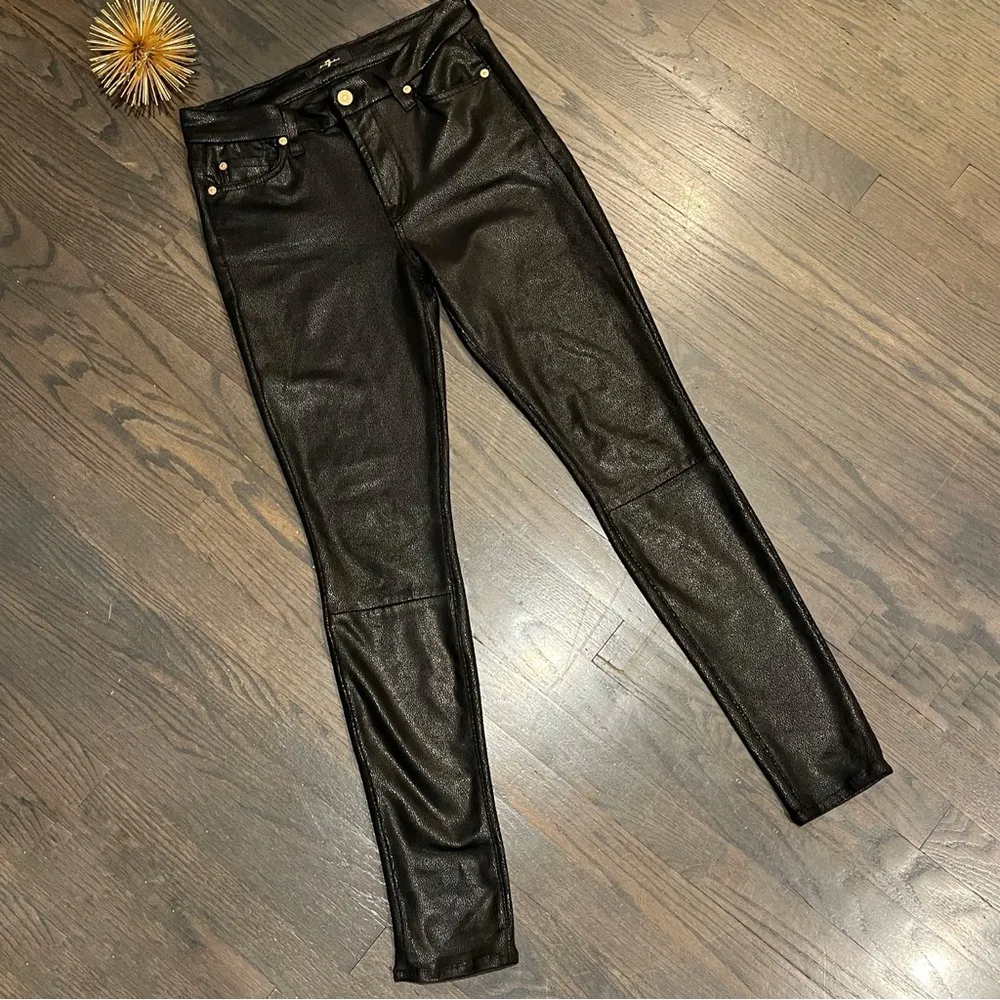 7 for All Mankind Knee Seam Skinny Jean Crackle Like Leather Black High Rise 27 - Image 4