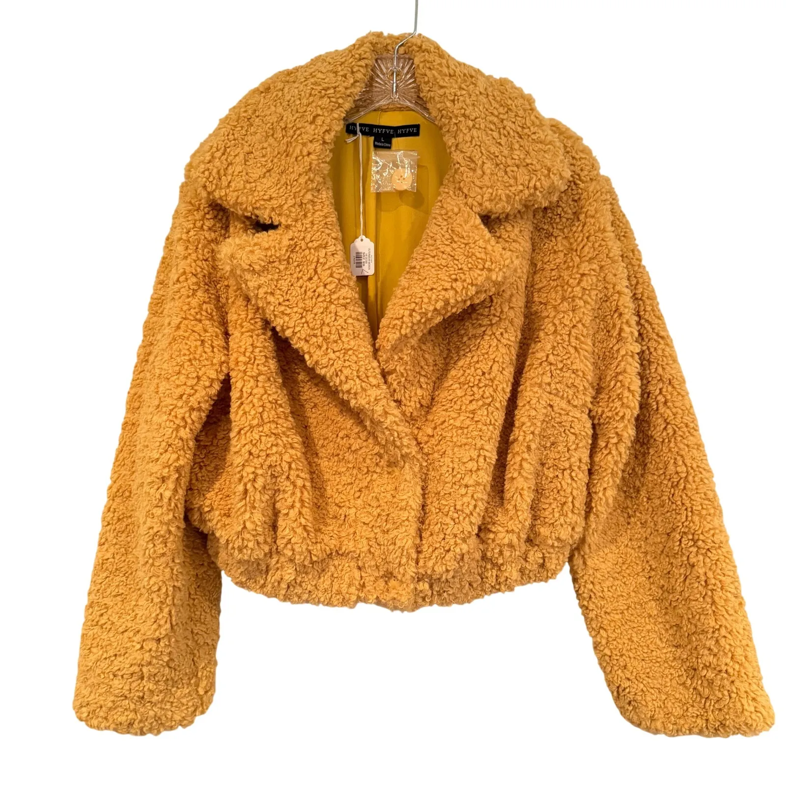HYFVE Teddy Bear Sherpa Faux Fur Cropped Jacket Coat Women's Large Mustard Boho - Image 4