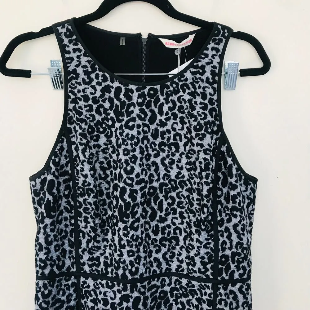 New Rebecca Taylor Leopard Knit Shift Dress Black Gray Women's Size 12 - Image 4