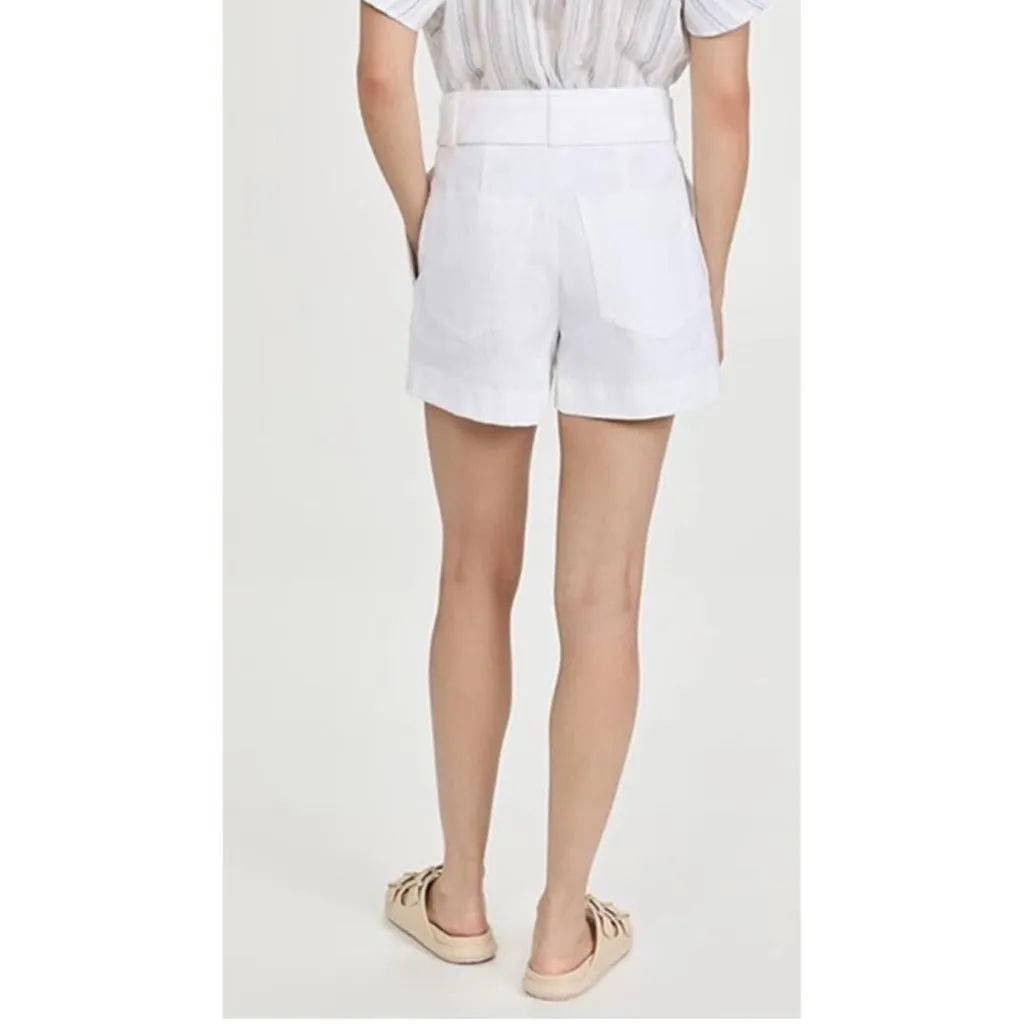 VINCE Belted Stretch Cotton & Linen Twill Shorts White- Size 6 - Image 3