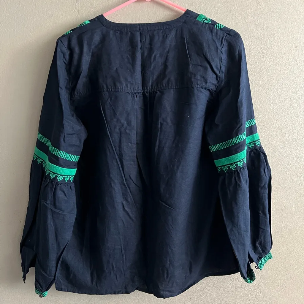 Women’s J. Crew Embroidered linen cotton top Blouse Navy Green Size 4 G5461 $88 - Image 2