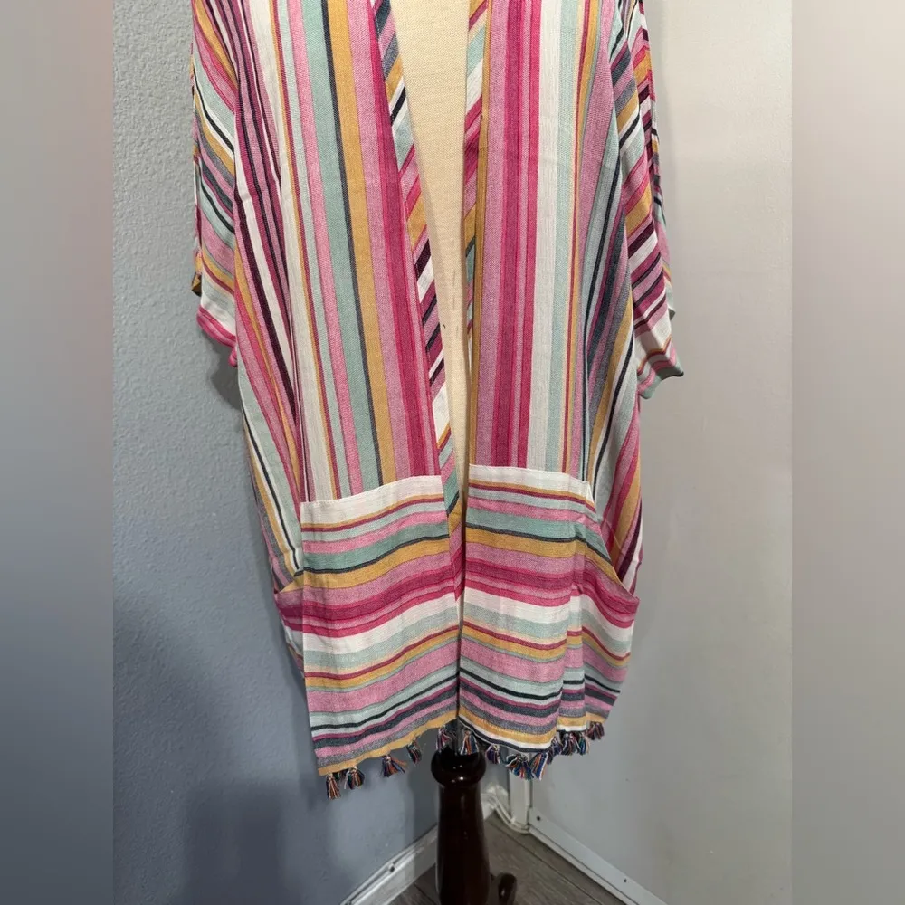 Main Strip Women Pink Striped Summer Beach Tunic Wrap Up Kimono Size Medium - Image 10