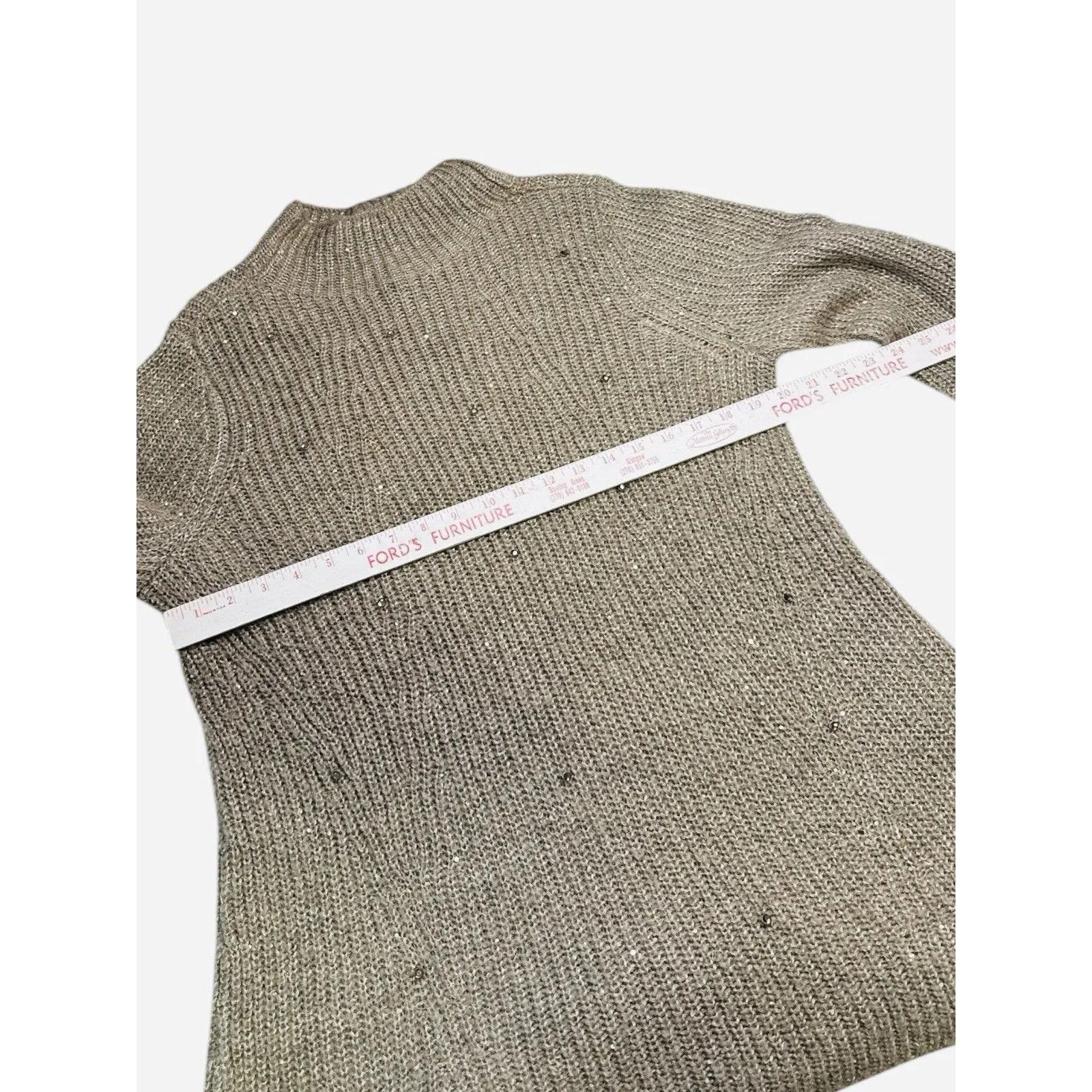 Chico’s Tonal Shine Sweater Size 1 Medium Taupe Tan Metallic Sequins Pullover - Image 5