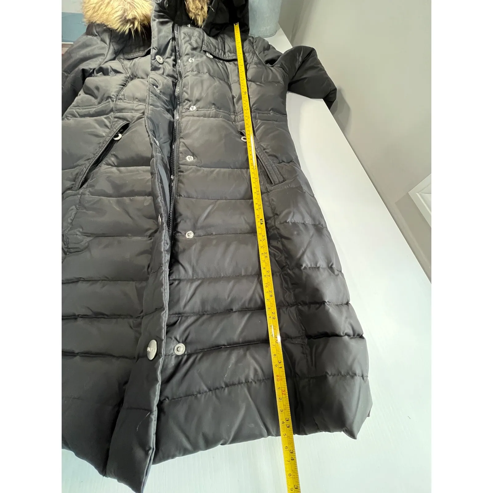 DKNY Down Puffer Coat Faux Fur Hood Black Women's Size S - Image 11