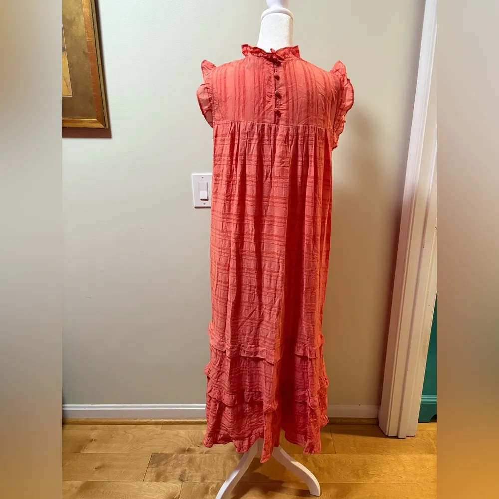 Anthropologie Sunday in Brooklyn bright beacon tiered midi dress coral M a-line - Image 3