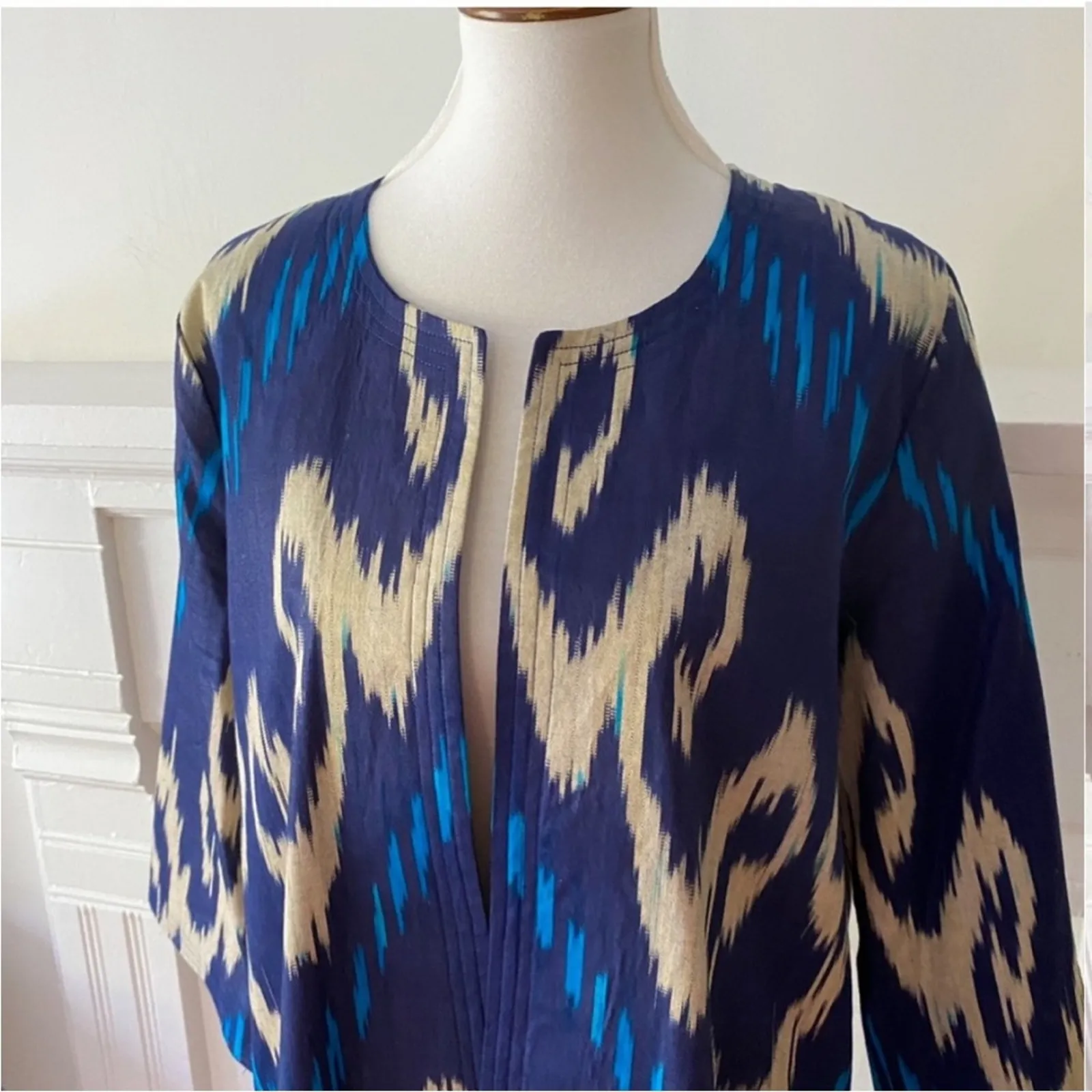 Womens Jacket Large Shacket OS Duster Boho Kimono Bohemian Ikat RARE Art to wear Blue - Image 8