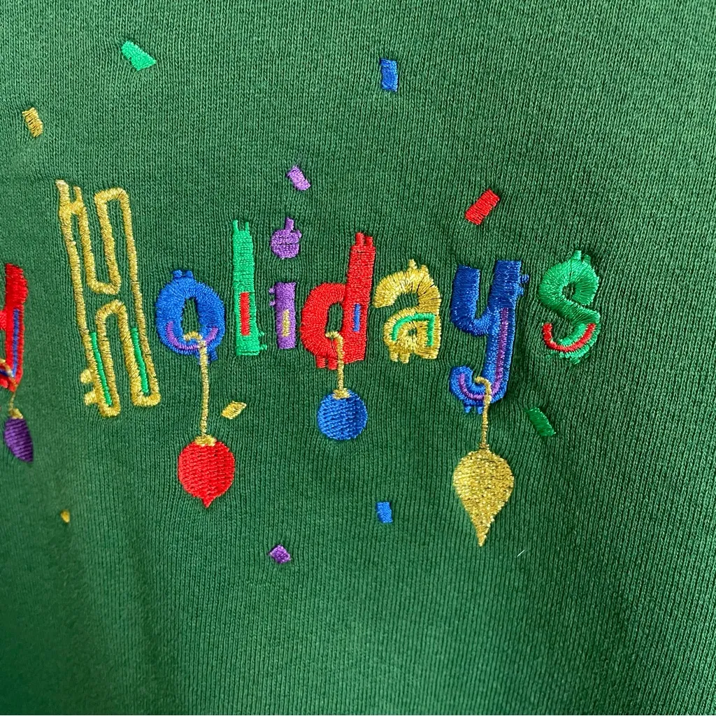 Vintage Christmas Sweatshirt Embroidered Holiday Ugly Sweater Unisex Large Green - Image 5