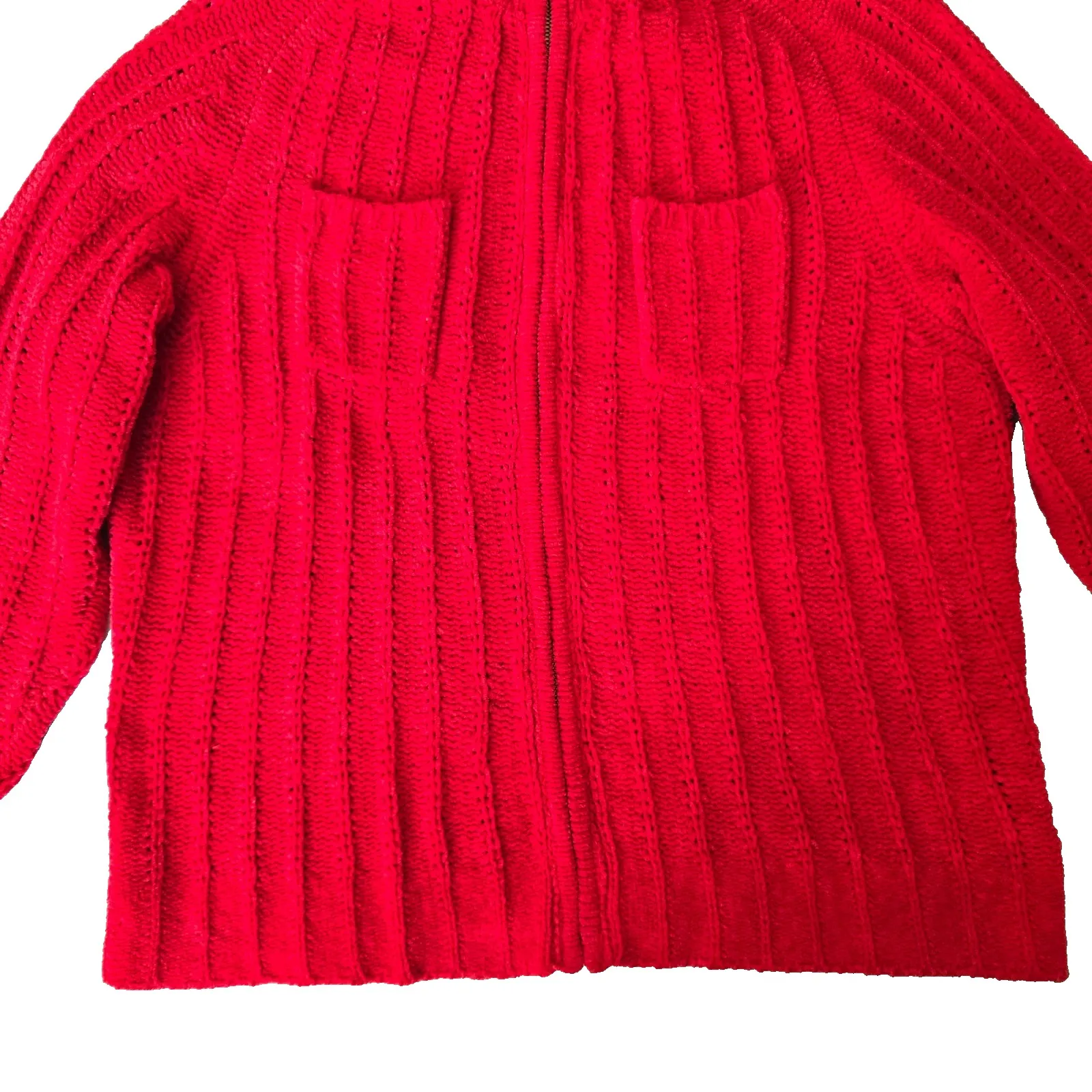 Vintage Y2K Knit Sweater Cottagecore Granny Chic Cozy Zipper Cardigan Red Large - Image 4