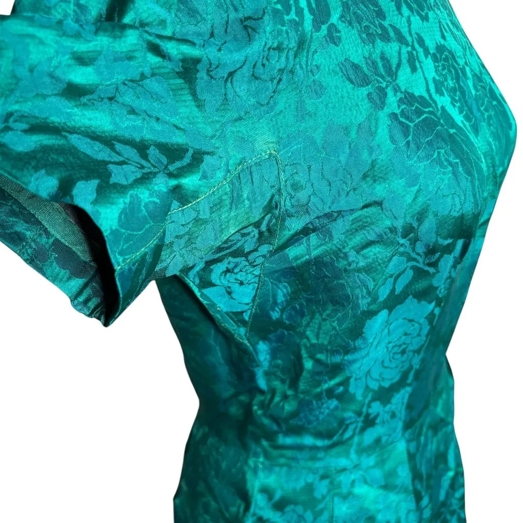 Vintage 50s Floral Brocade Dress Jacket Set Size Small Green Short Sleeve Zipper - Image 10