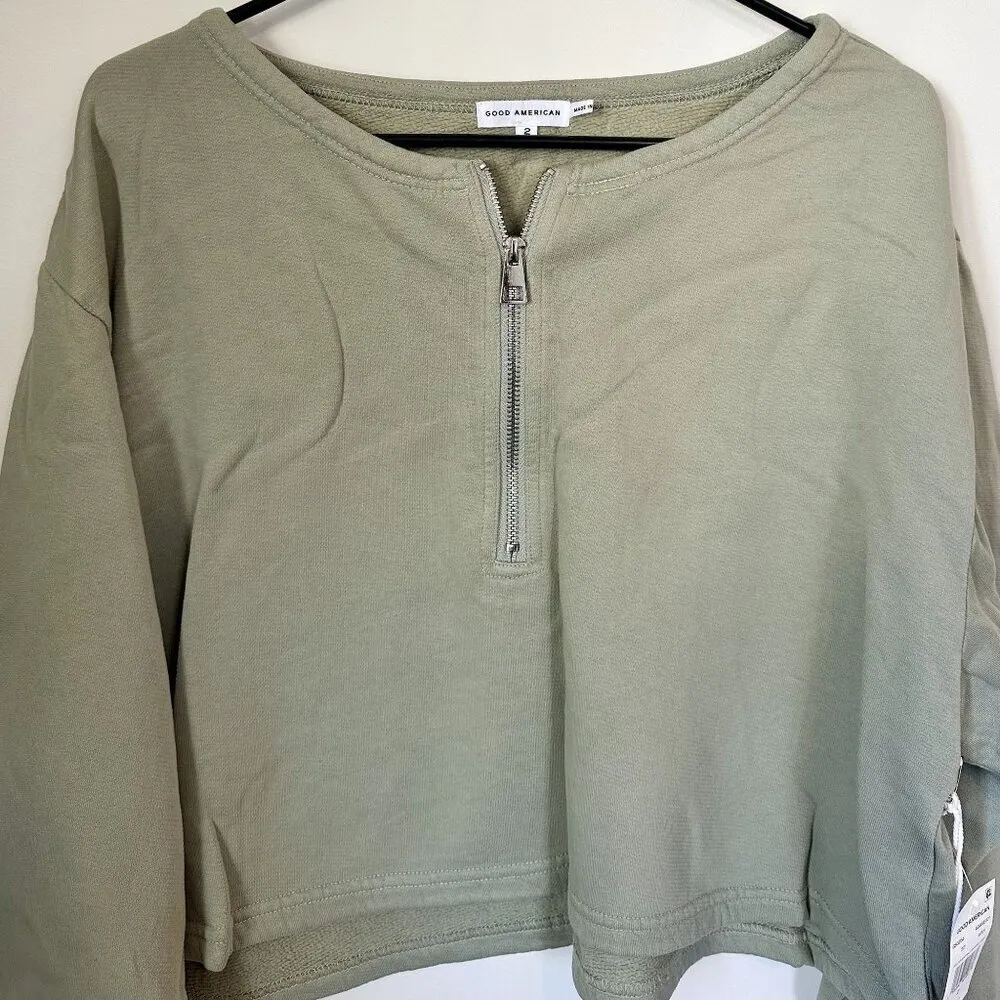 NWT Good American Essentials Green Collarless Half Zip Sweatshirt - Size 2 (M) - Image 3
