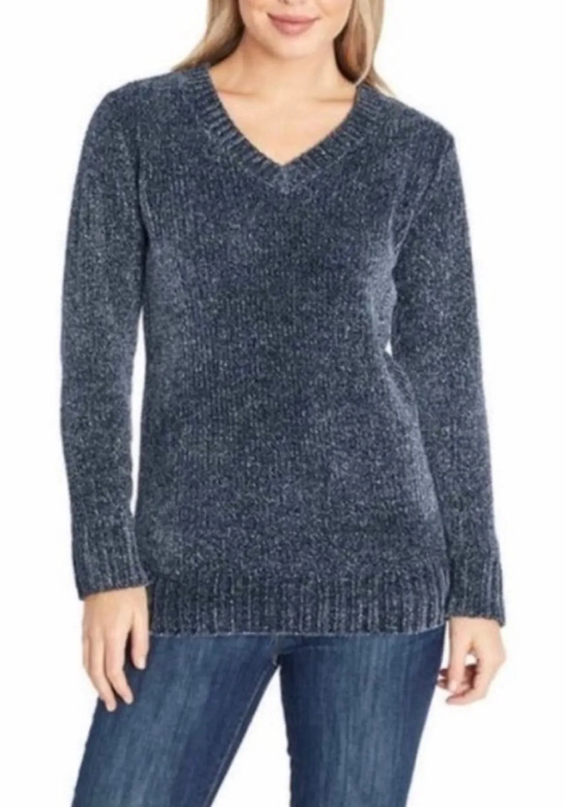 Orvis Chenille Long Sleeve Knit Pullover V Neck Sweater in Marled Navy Sz S NEW - Image 1