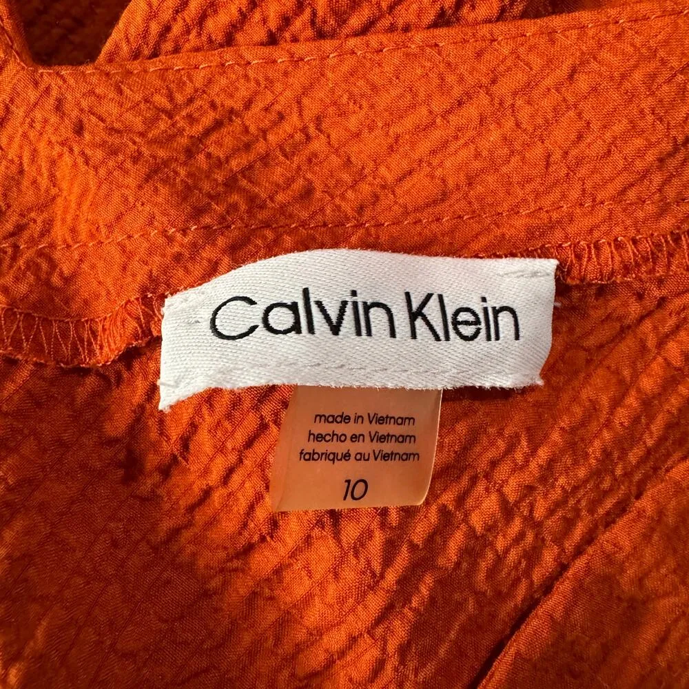 Calvin Klein SZ 10 A-Line Dress Sleeveless V-Neck Tie Waist Ruffled Hem Crinkle - Image 7