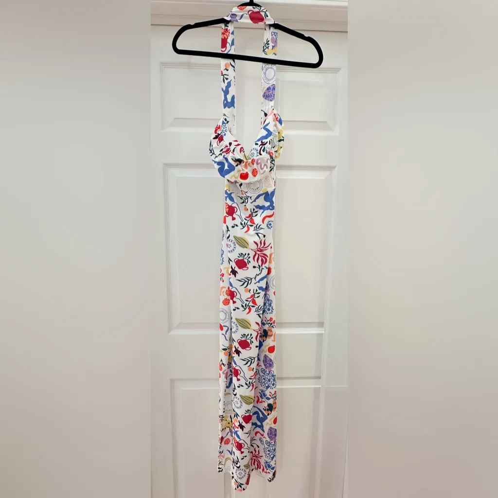 NWT Commense Tropical Floral Halter Neck Maxi Dress Stretchy White sz Small - Image 6