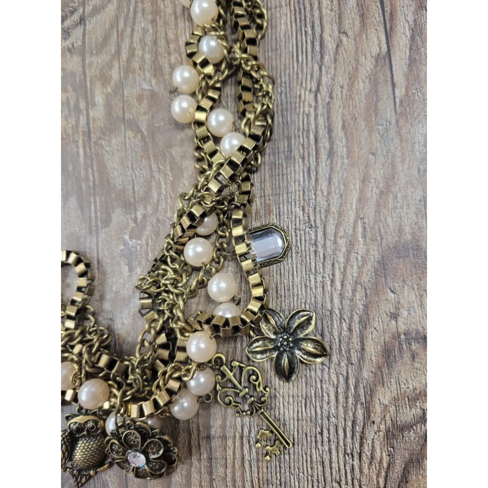 Bronze Pearl Charm Flower Owl Bee Key "Junk Necklace" Chunky Brass Metal - Image 4